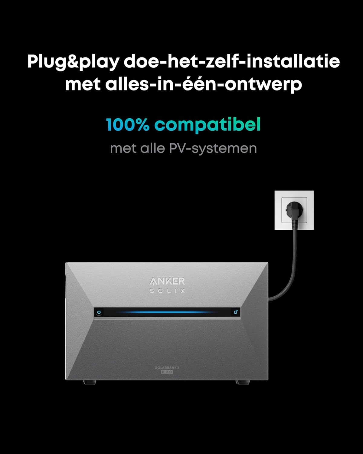 Anker Solix solarbank. Text says Plug&play, 100% compatible. Power outlet on top right. Black background.