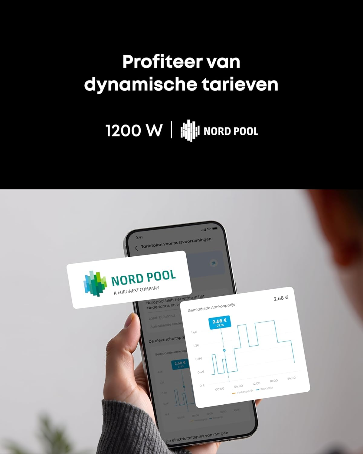 A hand holds a phone showing energy prices from Nord Pool. The screen displays a graph and price details.
