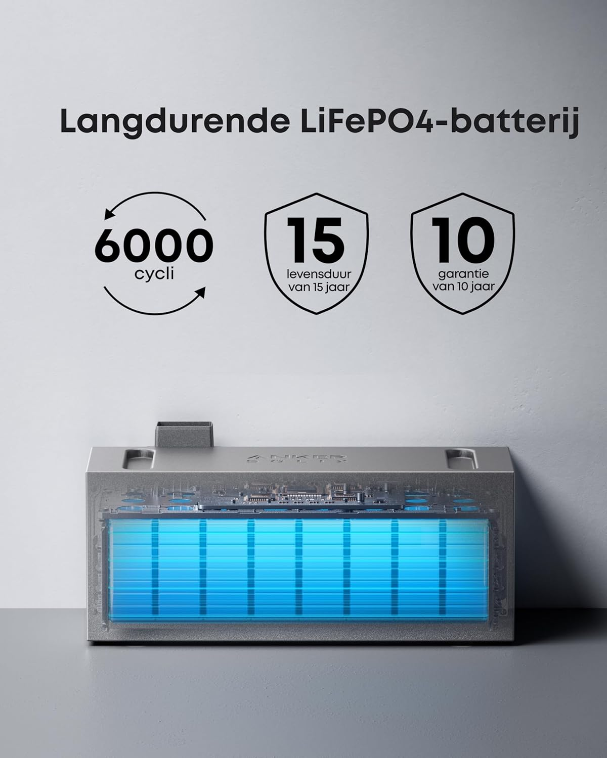 Afbeelding toont een batterij met tekst over cycli, levensduur en garantie. De batterij is grijs met blauwe binnenkanten.