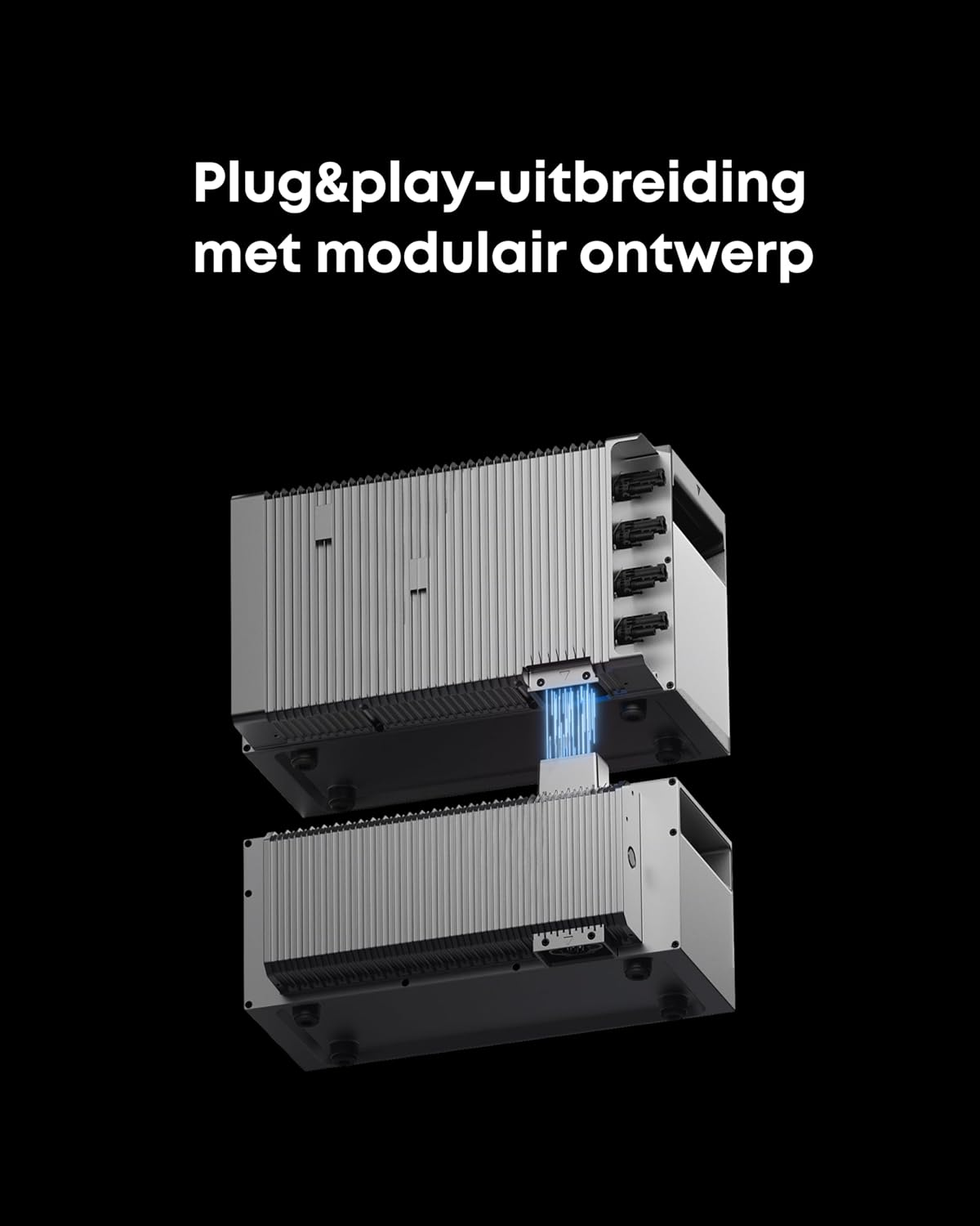 Twee zilveren modulaire apparaten gestapeld met een blauwe lichtstraal ertussen. Tekst bovenaan: Plug&play-uitbreiding met modulair ontwerp.