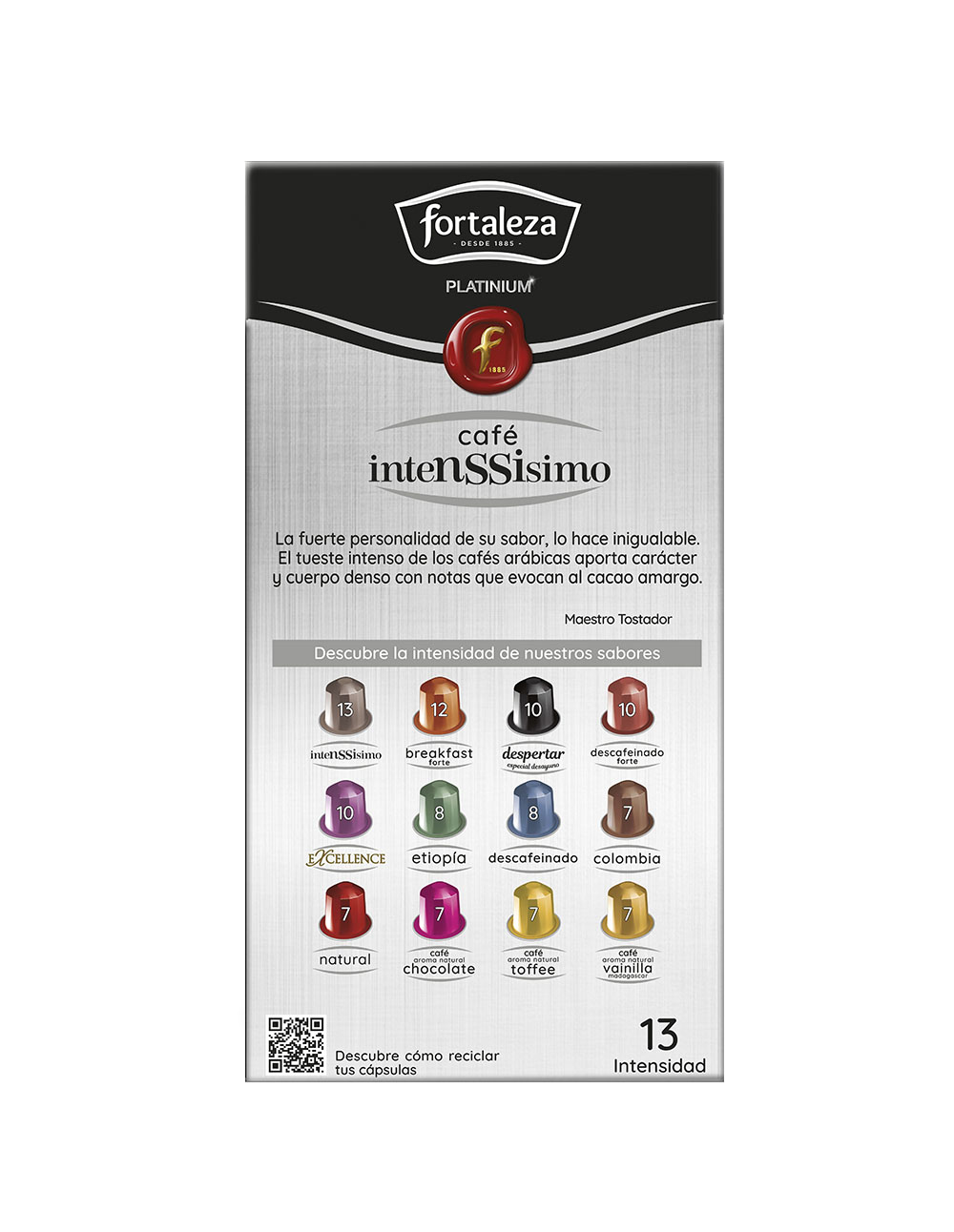 Caja de cápsulas de café con texto y varios sabores. Contiene el logo de Fortaleza, 'cafe intensSisimo' y descripciones de sabor.