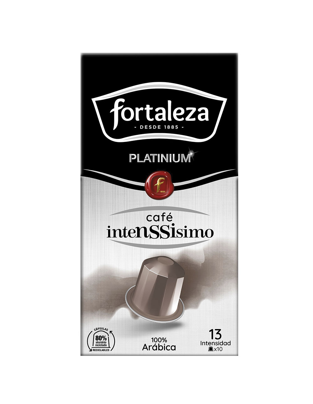 Un paquete de cápsulas de café con el logo 'fortaleza'. Dice 'Platinum' e 'intensSisimo'. Tiene 13 cápsulas y dice '100% Arábica'.