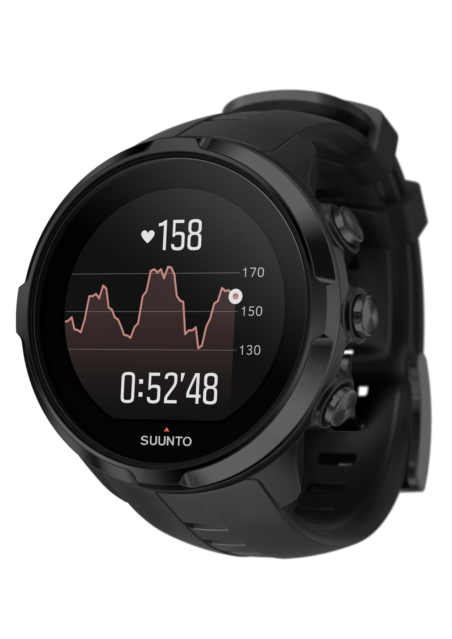 Schwarze Suunto-Smartwatch mit einer Herzfrequenz von 158, der Zeit 0:52'48 und einem Herzfrequenzdiagramm. Die Uhr befindet sich auf weißem Hintergrund.