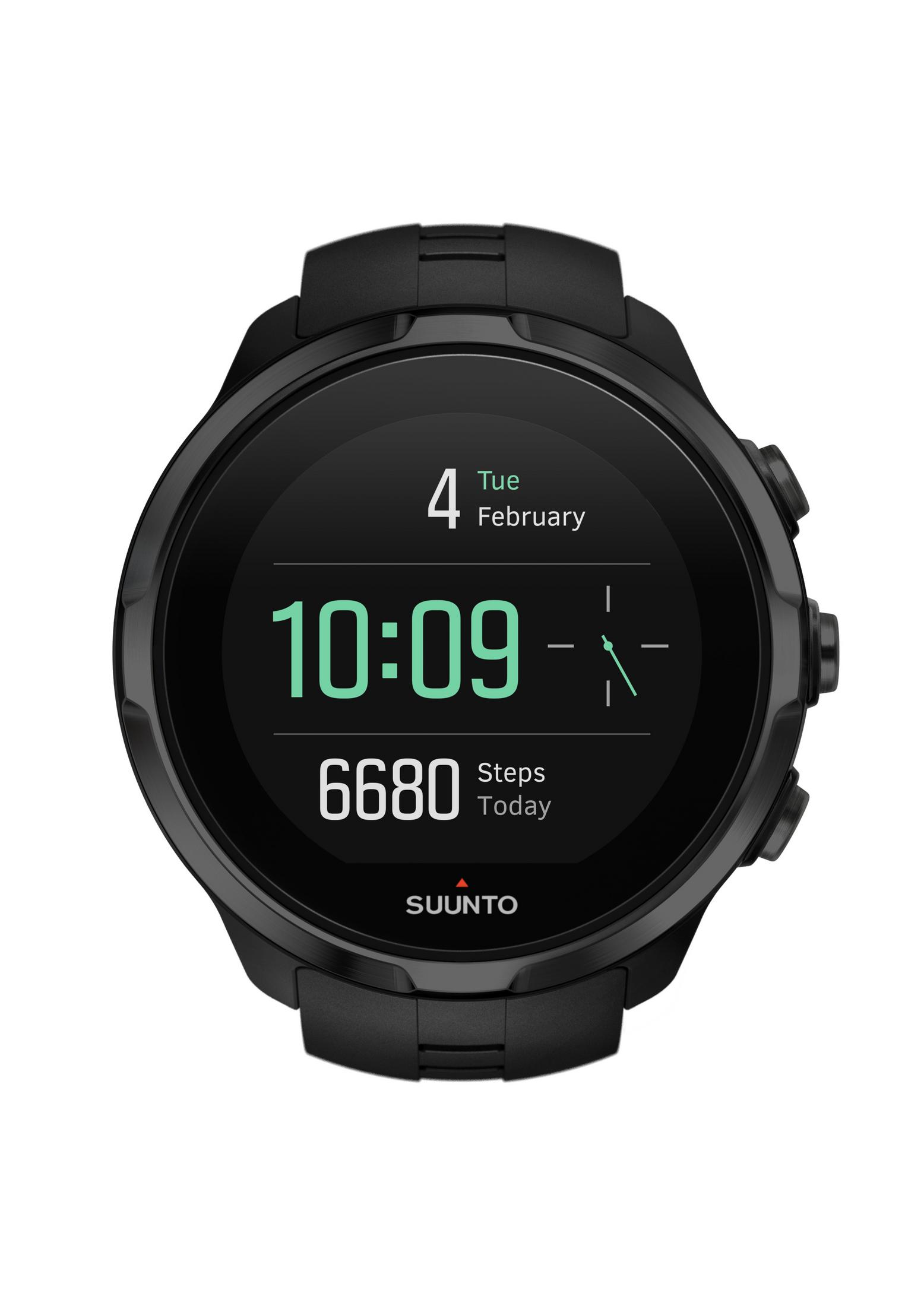 Schwarze Suunto Smartwatch zeigt Zeit, Datum und Schritte an. Der Bildschirm zeigt 10:09, 6680 Schritte und Dienstag, 4. Februar.