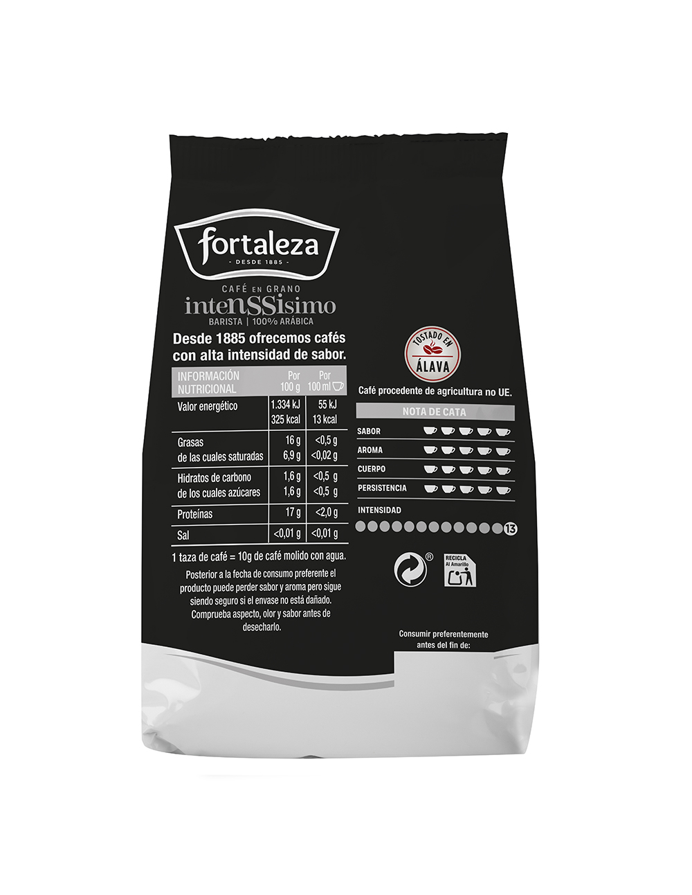 Bolsa de café, blanco y negro. Texto: Fortaleza, intensísimo, café en grano. Información nutricional. Tostado en Álava.