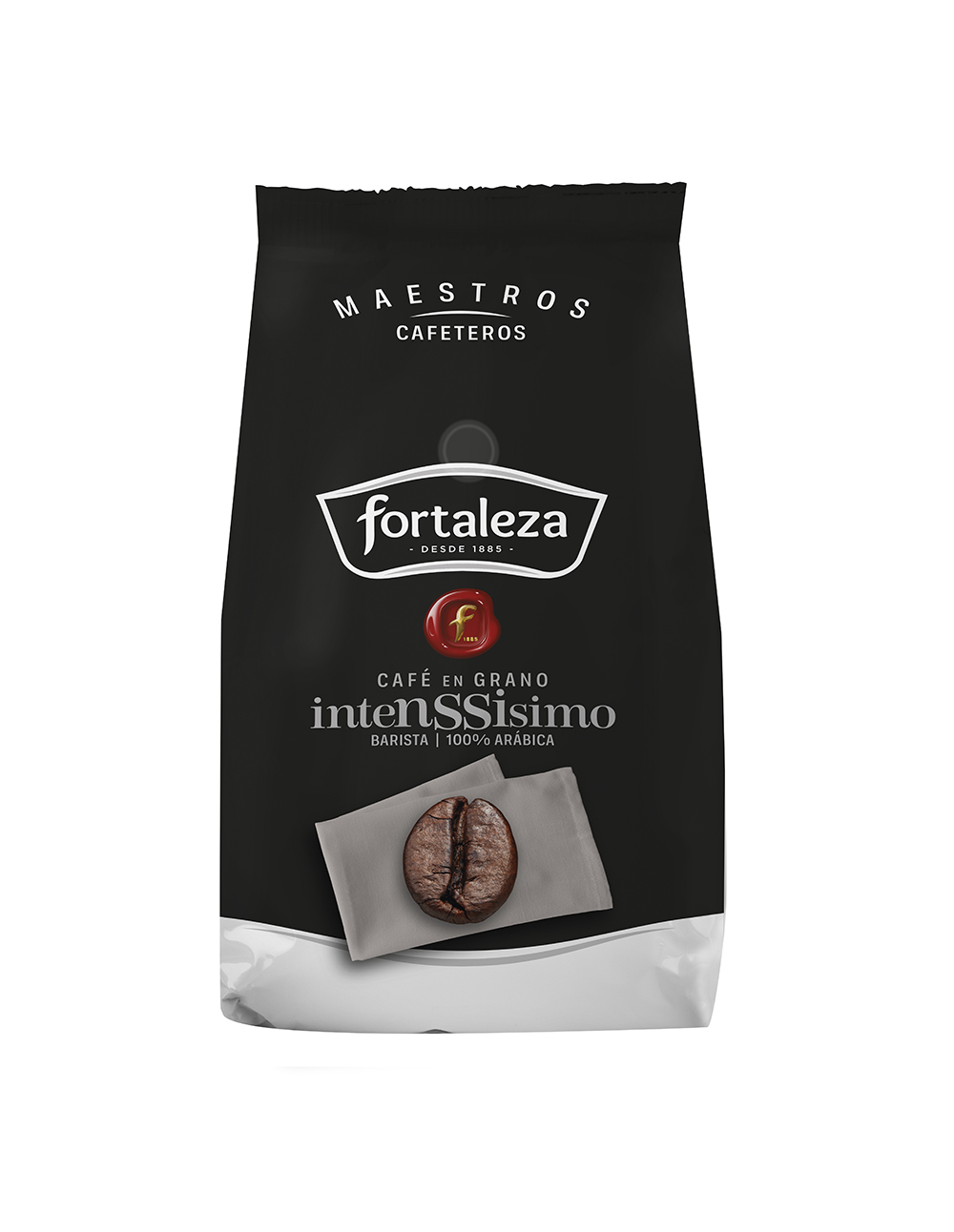 Bolsa de café con la marca 'Fortaleza' y un grano de café en un papel pequeño. El texto dice 'intensSisimo' y '100% Arabica'.