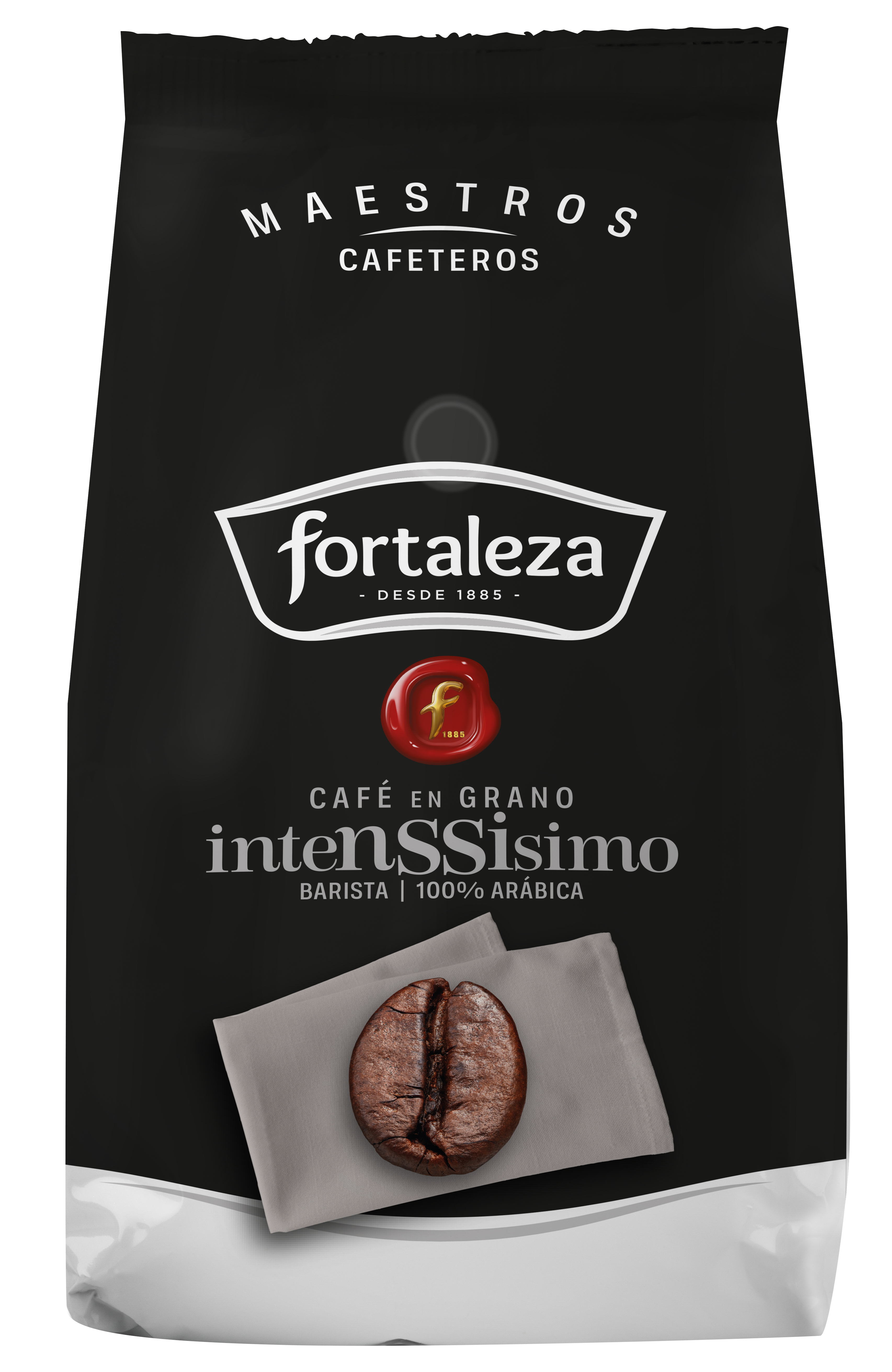 Una bolsa de café con la marca 'Fortaleza'. Un grano de café está sobre un paño gris, debajo de la marca.