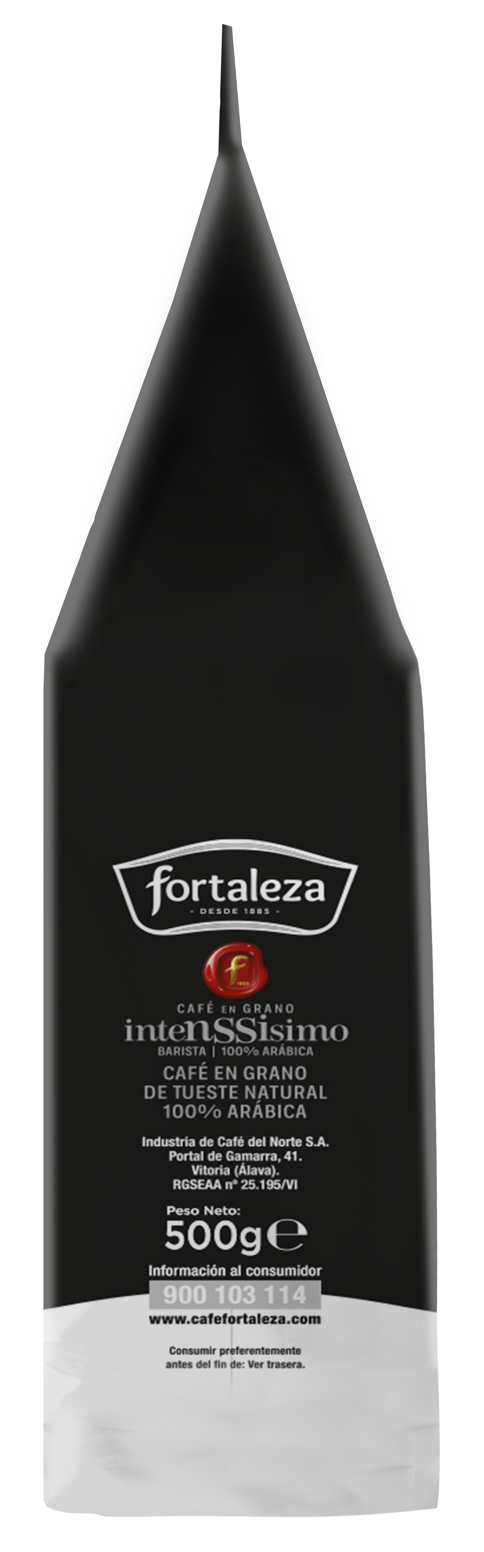 Una bolsa de café negra con texto blanco. Tiene un logotipo y las palabras 'intensSisimo'.