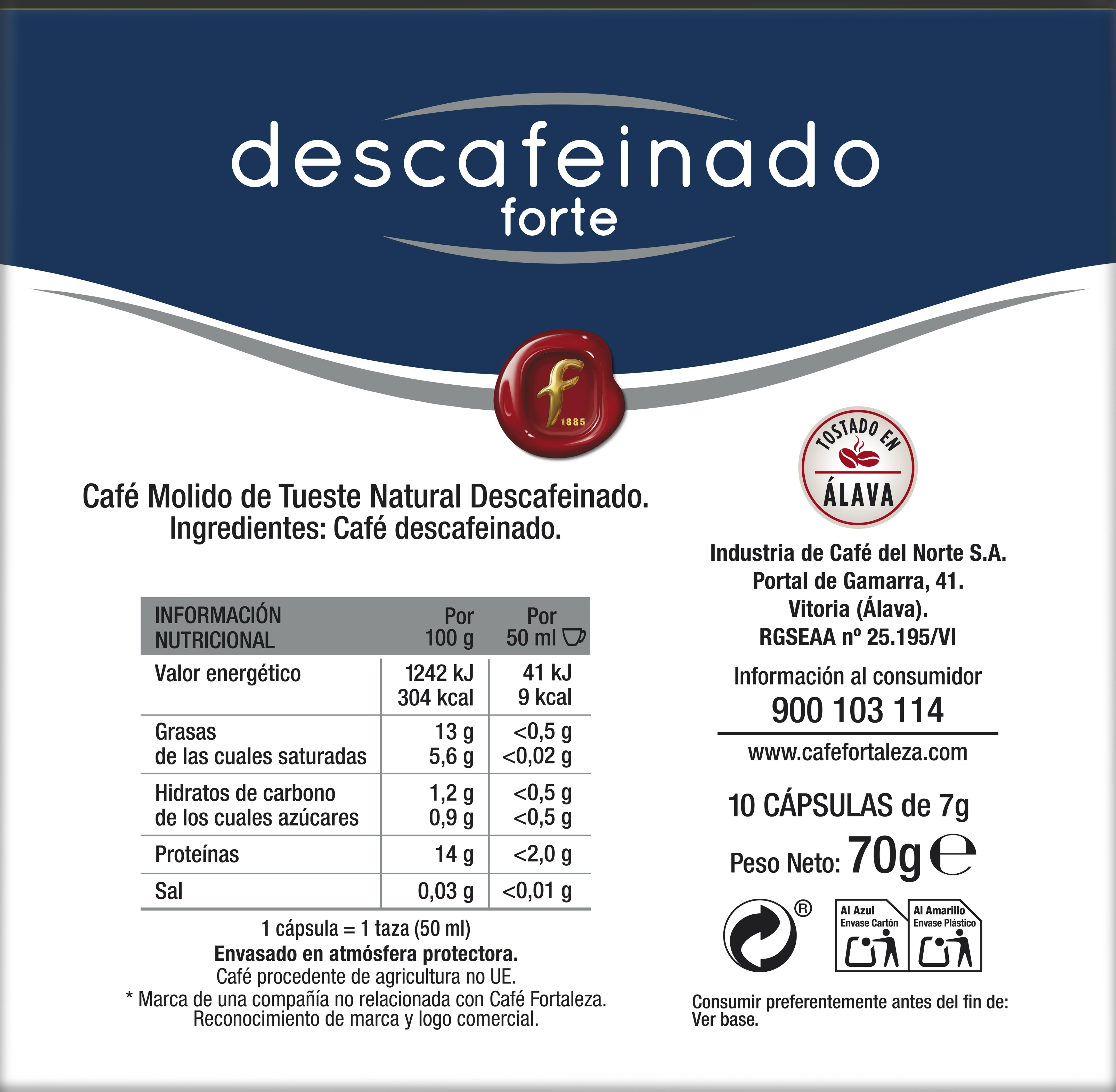 Empaque de producto de café. Texto: 'Descafeinado forte', información nutricional y logotipos de marca.