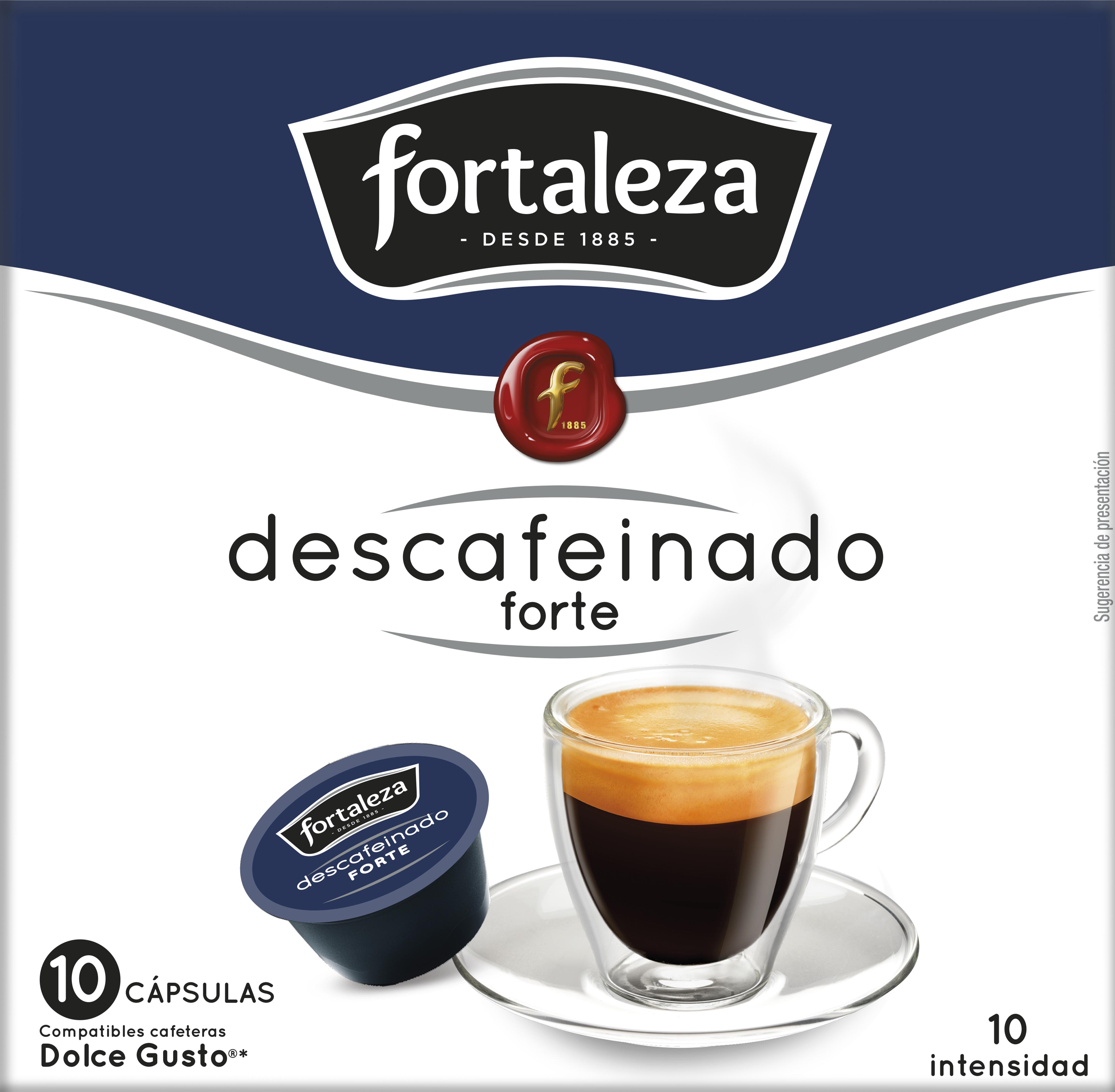 Empaque de café con una taza de café. Muestra cápsulas, una taza de café y la marca 'Fortaleza'.