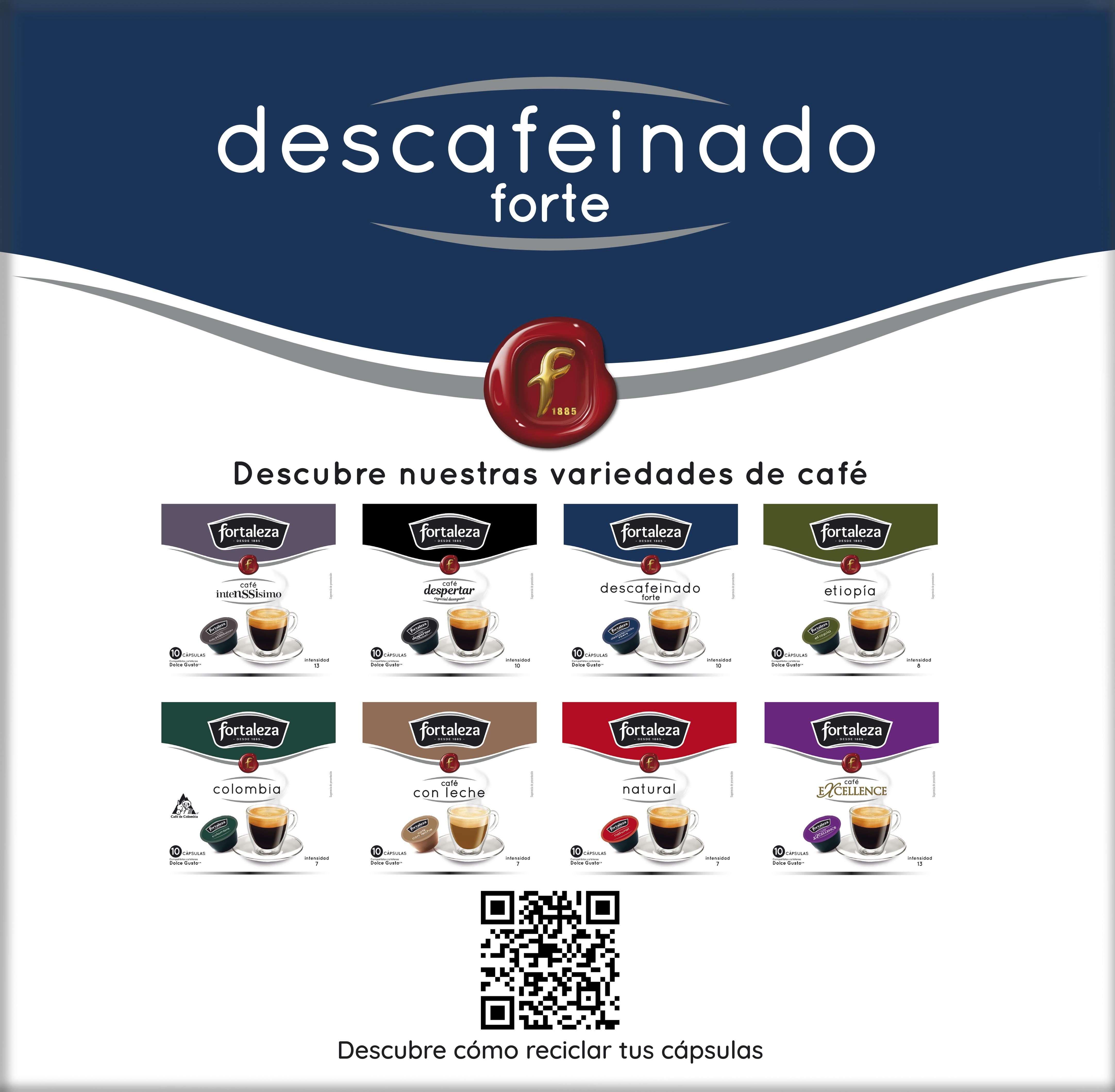 Exhibición de cápsulas de café con varios sabores y niveles de intensidad. Un código QR y texto en la parte inferior.
