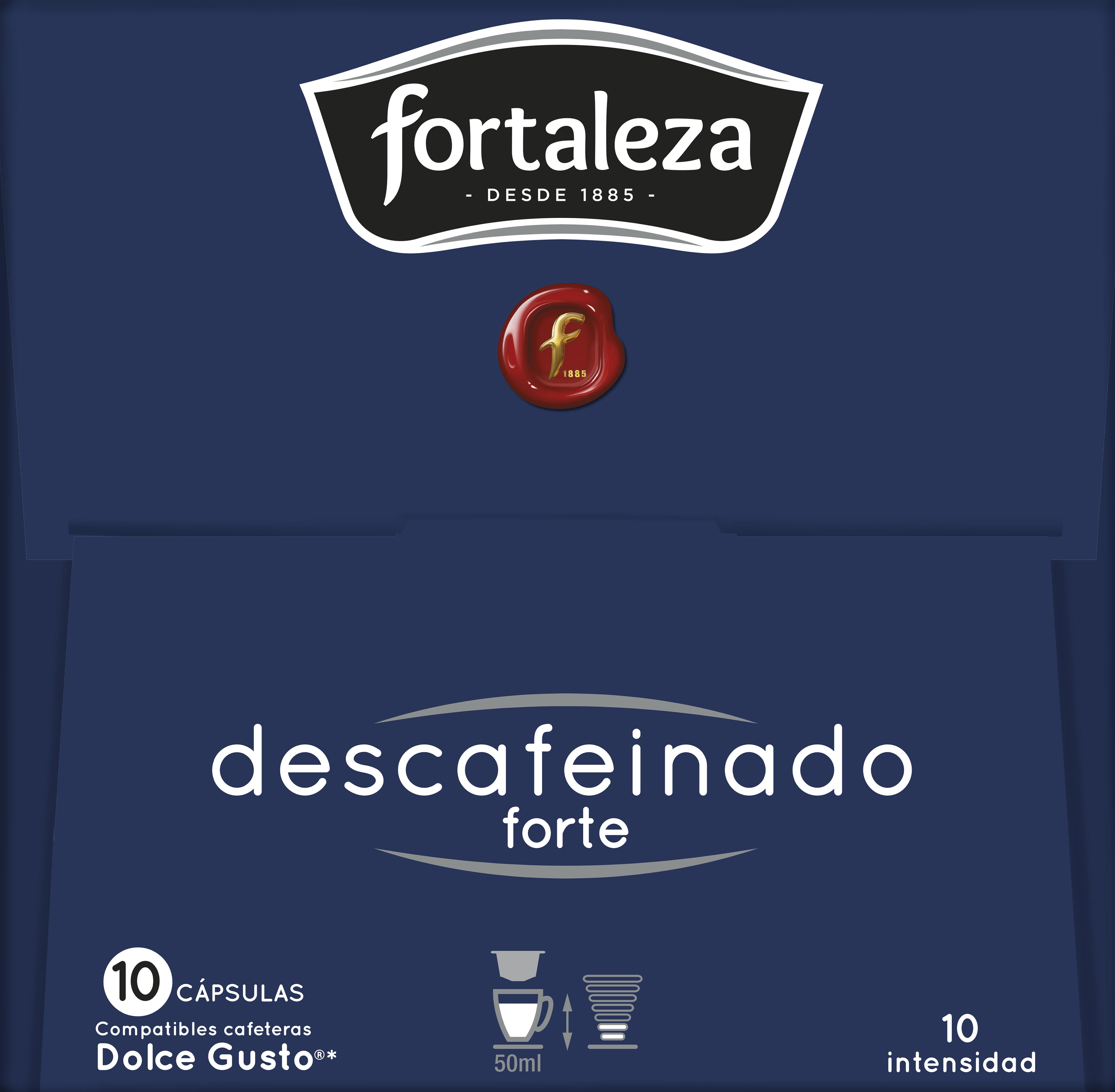 Caja de cápsulas de café azul oscuro. Tiene la marca, un sello rojo y texto 'descafeinado forte'. Tiene información de cápsulas e intensidad.