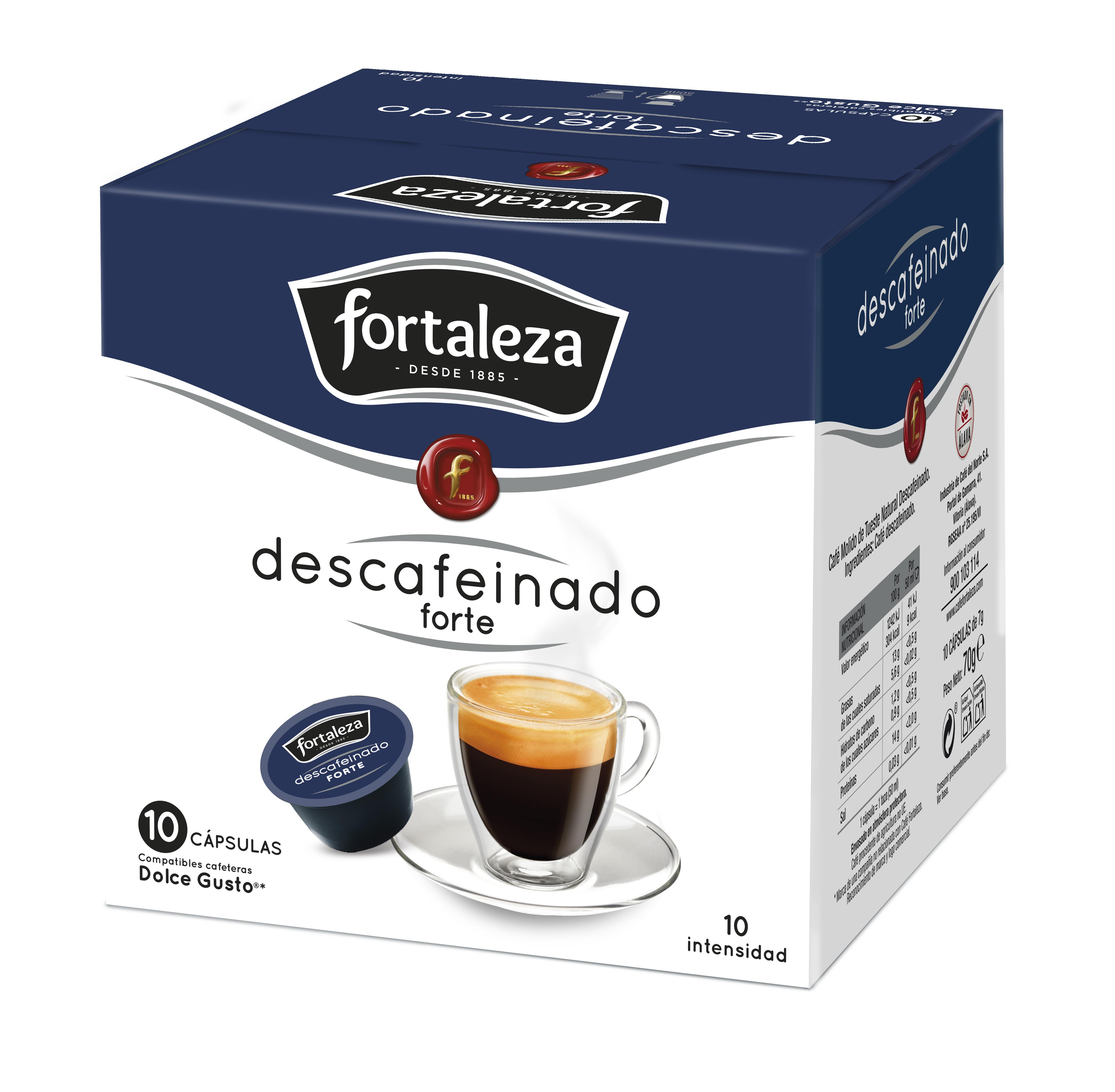 Una caja de café muestra una taza de café y cápsulas. El texto dice 'descafeinado forte' y 'fortaleza'.