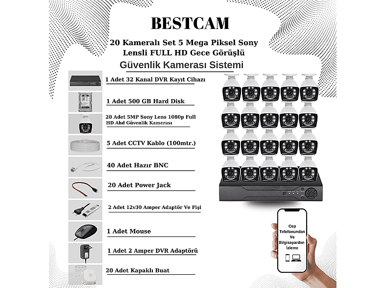 BESTCAM AHD Eco 5.0 Mega Piksel Sony Lensli 20 Kameralı Full Paket HDD Dahil Güvenlik Seti Sistemi Beyaz