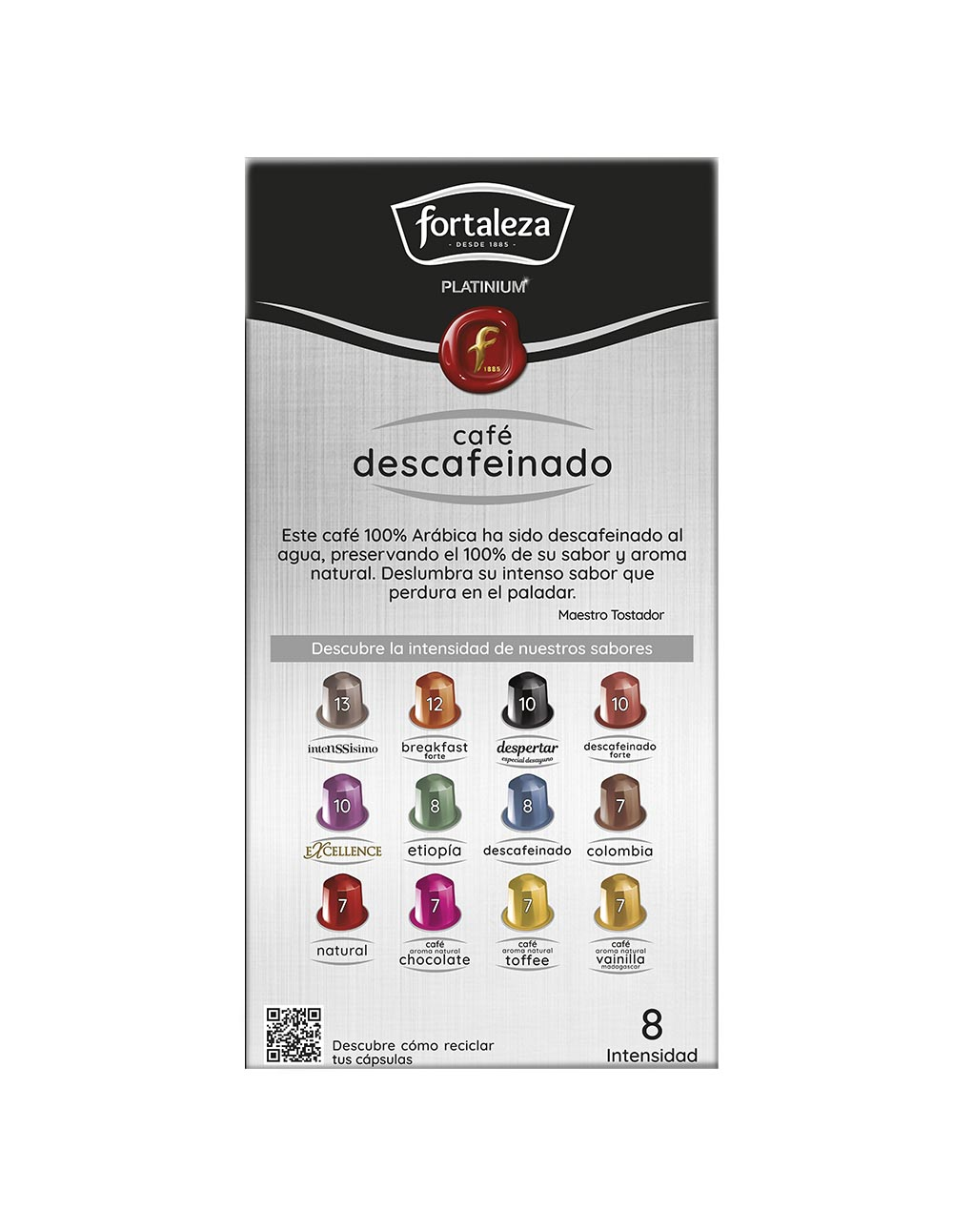 Caja de cápsulas de café con texto en español. Incluye cápsulas de diferentes sabores y un código QR de reciclaje.