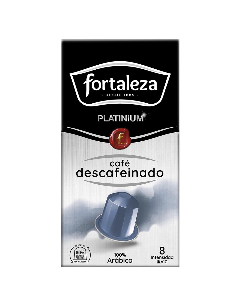 Caja de cápsulas de café con el logotipo 'fortaleza', escrito 'descafeinado' y una cápsula de café azul. Muestra '80% reciclado'.