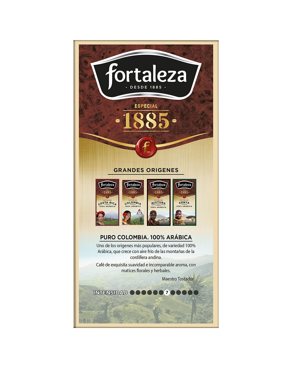 Embalaje de café con la marca 'Fortaleza'. Contiene texto e imágenes de granos de café. Se indica el nivel de intensidad.