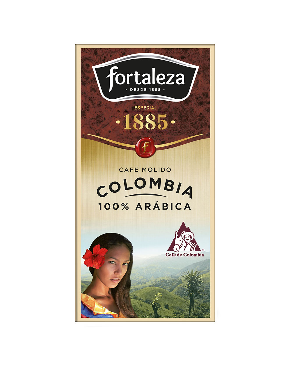 Paquete de café con logo 'Fortaleza', mujer con flor, paisaje y texto 'Colombia 100% Arábica'.