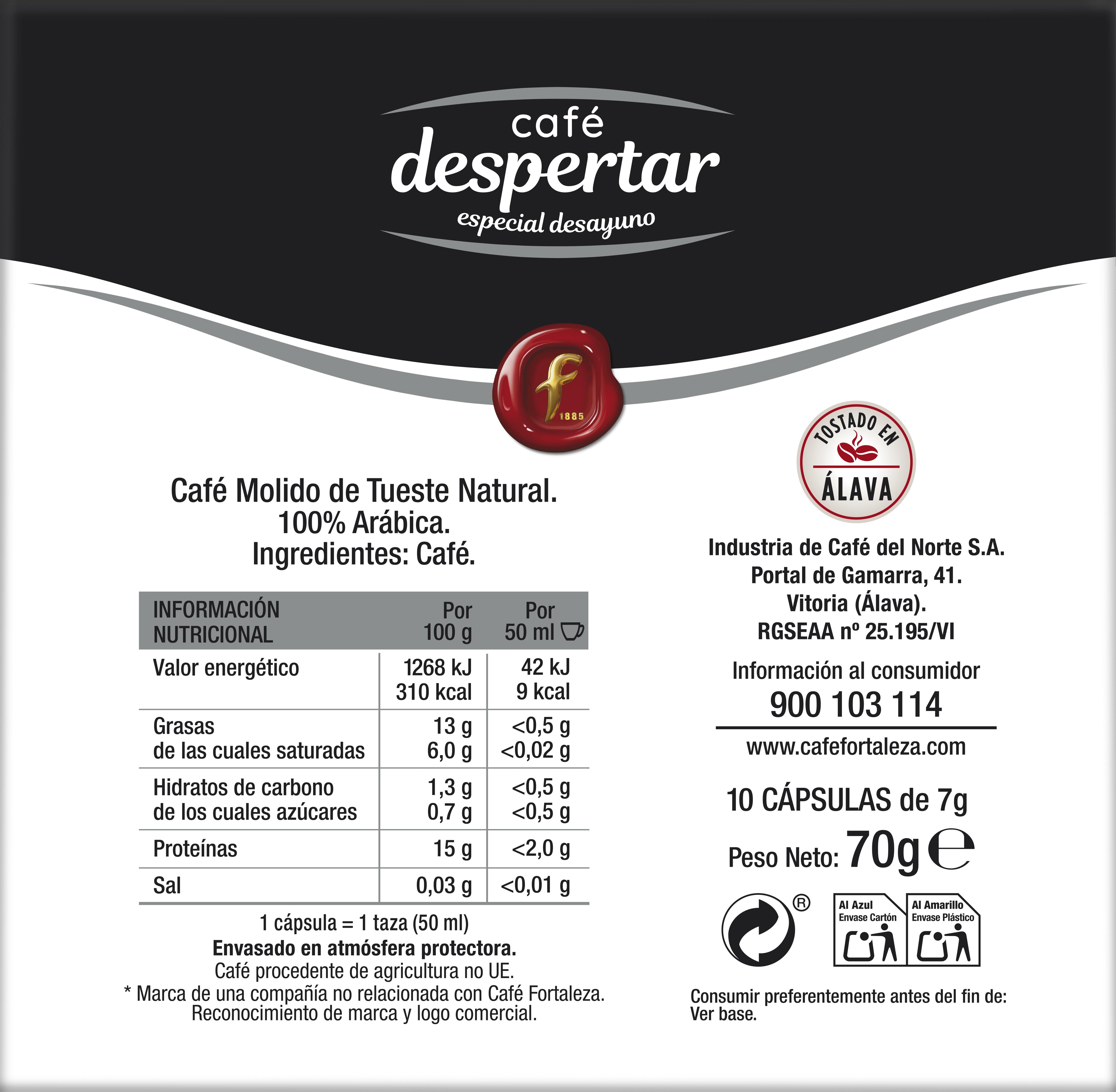 Paquete de café con texto. Incluye información nutricional, marca y sello 'Tostado en Álava'.