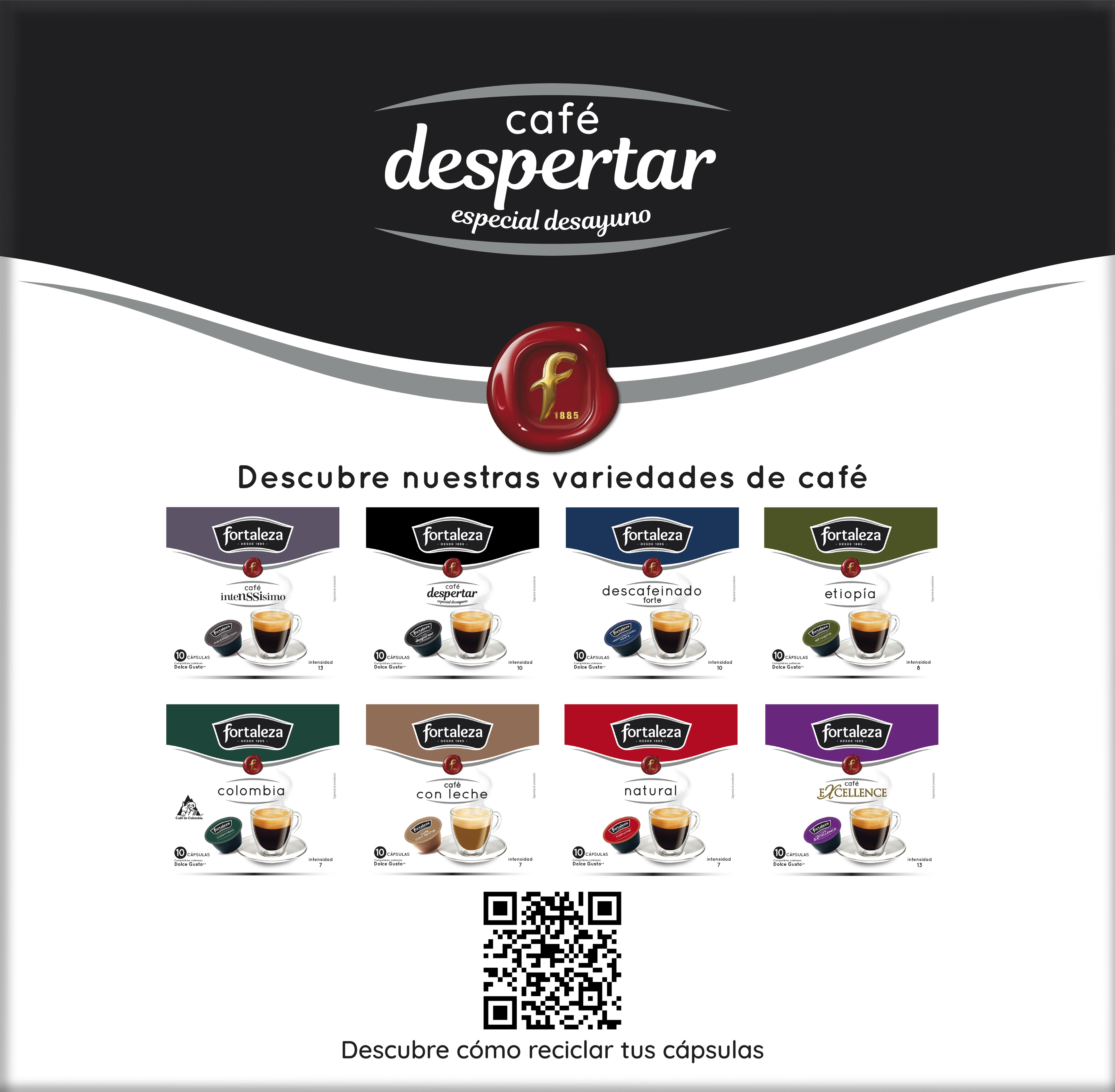 Anuncio de café con varios sabores de cápsulas de café, tazas y logotipos de marcas sobre fondo blanco. Hay un código QR.