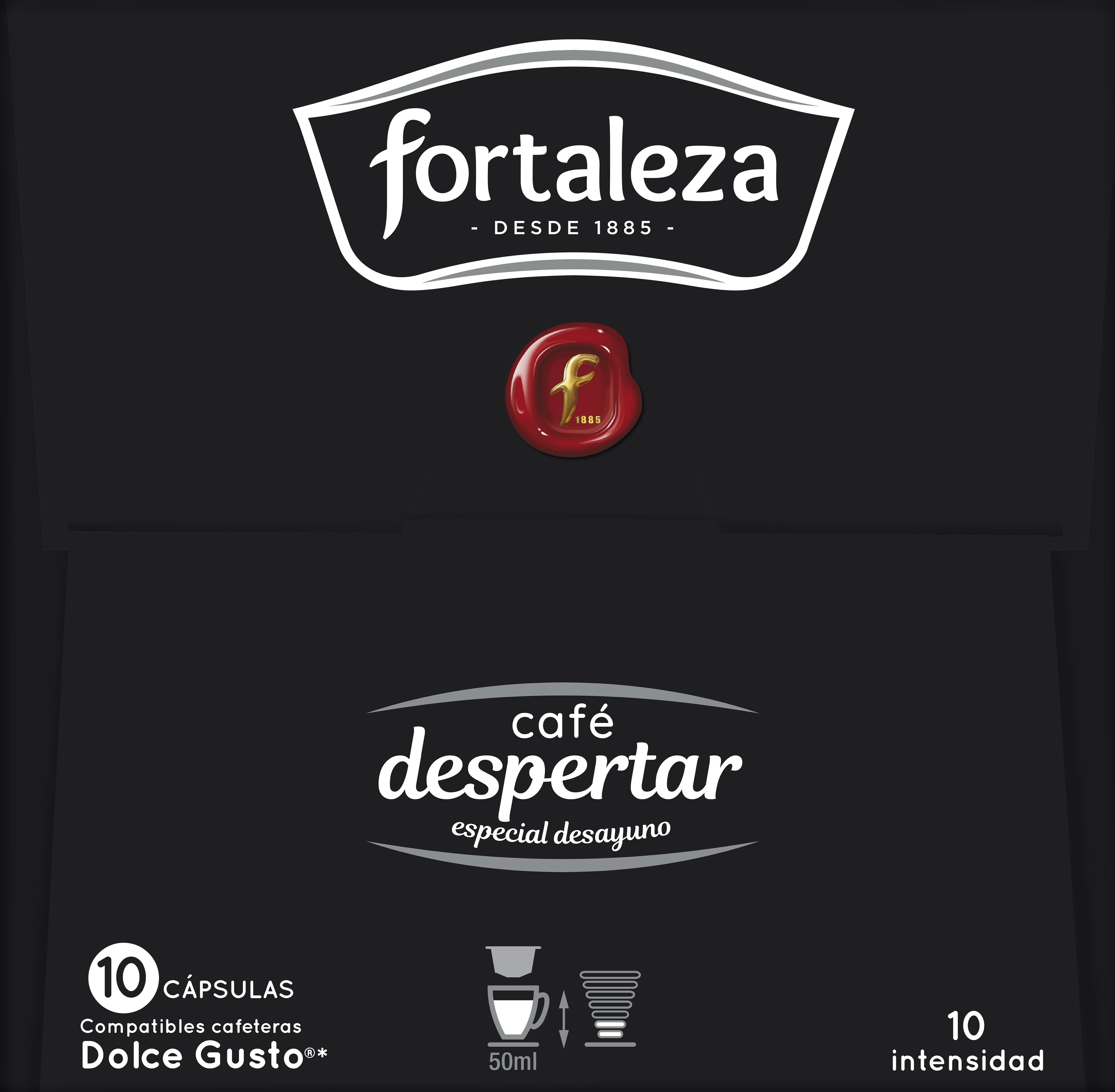 Caja negra de cápsulas de café con texto blanco. Arriba dice 'fortaleza'. Debajo está 'café despertar'. Incluye 10 cápsulas, intensidad 10.