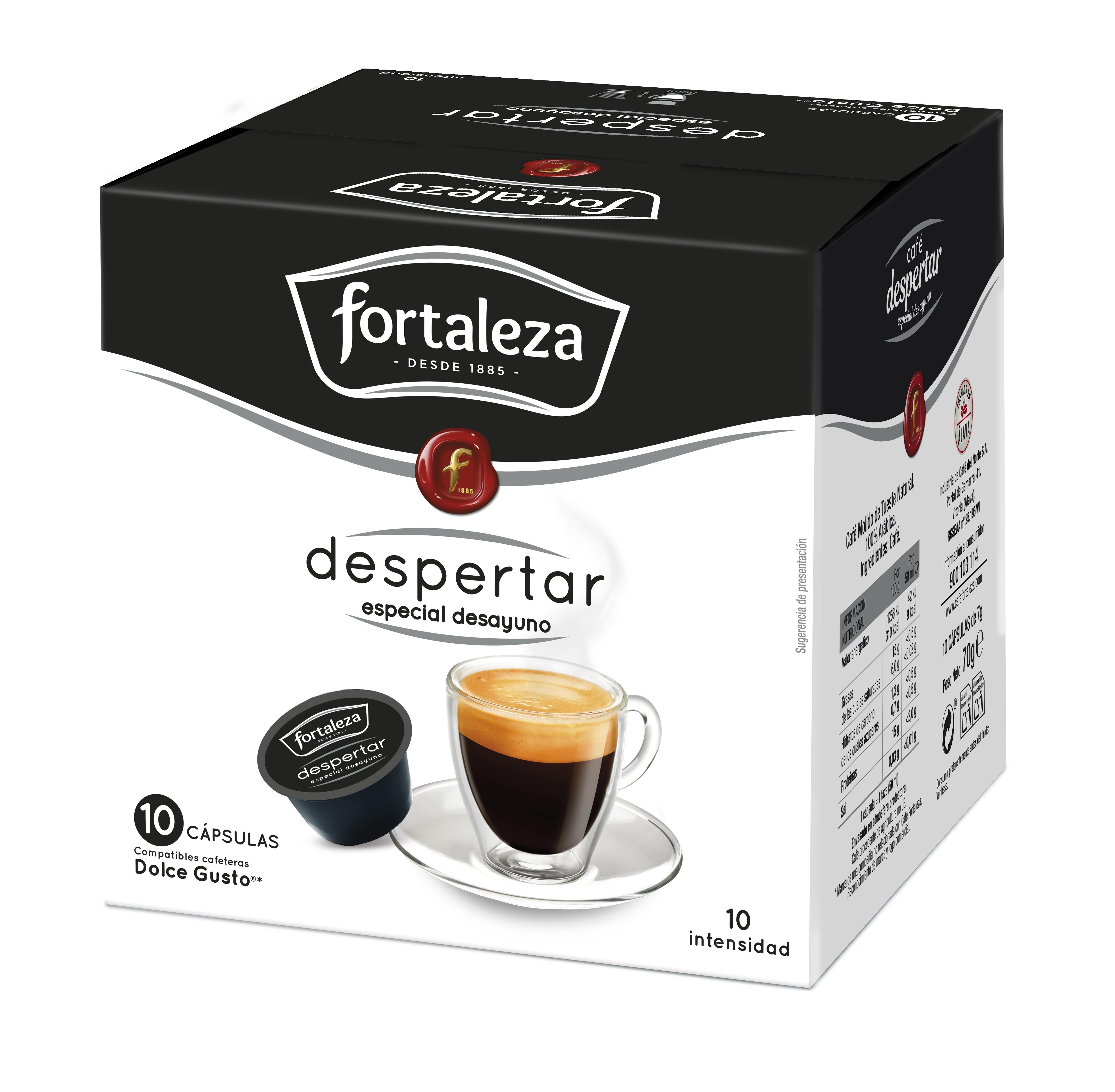 Caja de cápsulas de café con una taza de café. El texto en la caja dice 'Fortaleza' y 'Despertar'.