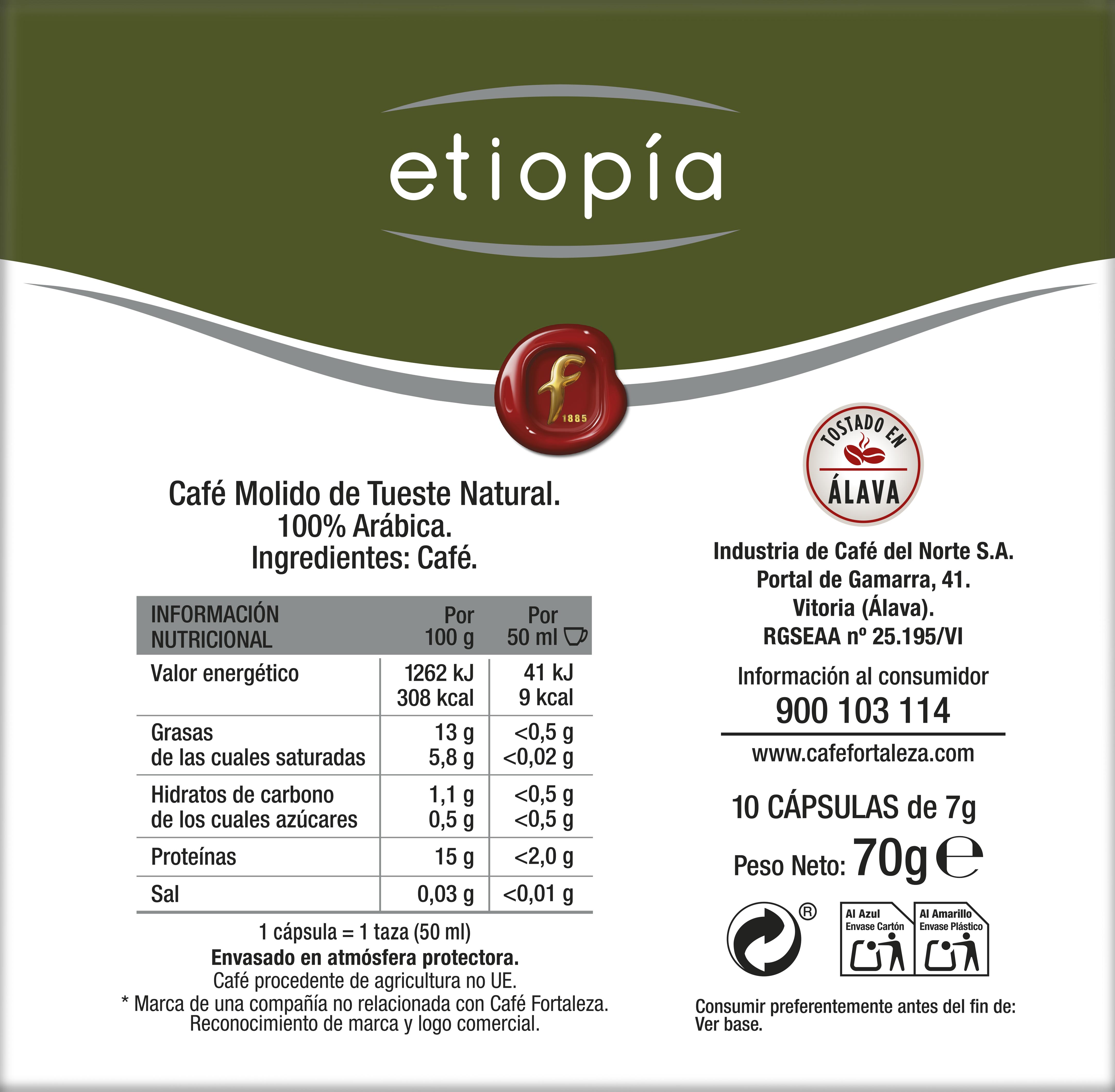 Paquete de café con texto e información nutricional. Contiene logo, recuento de cápsulas y peso neto.