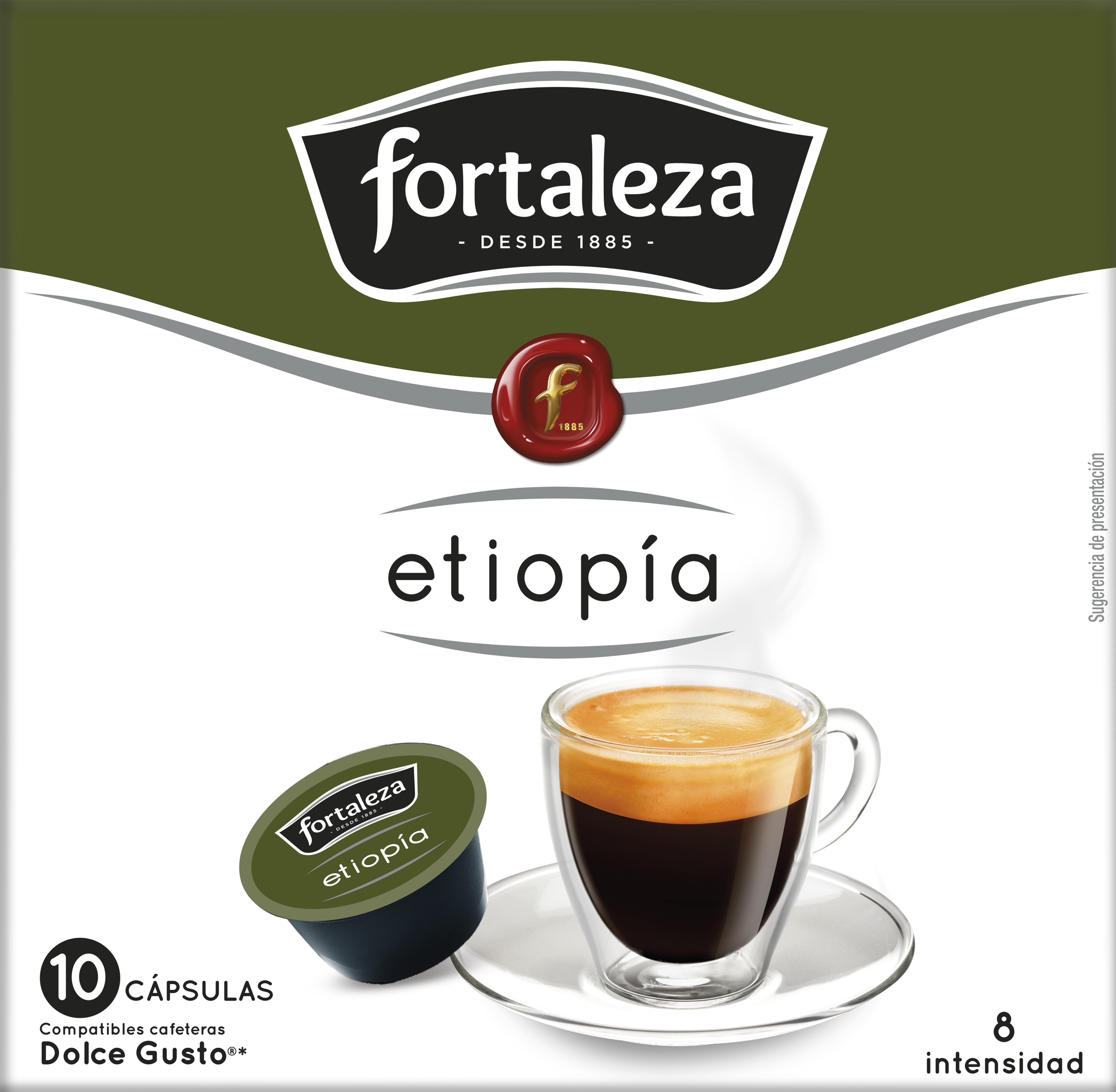 Caja de café con taza y cápsula. La caja tiene el logo 'fortaleza'.