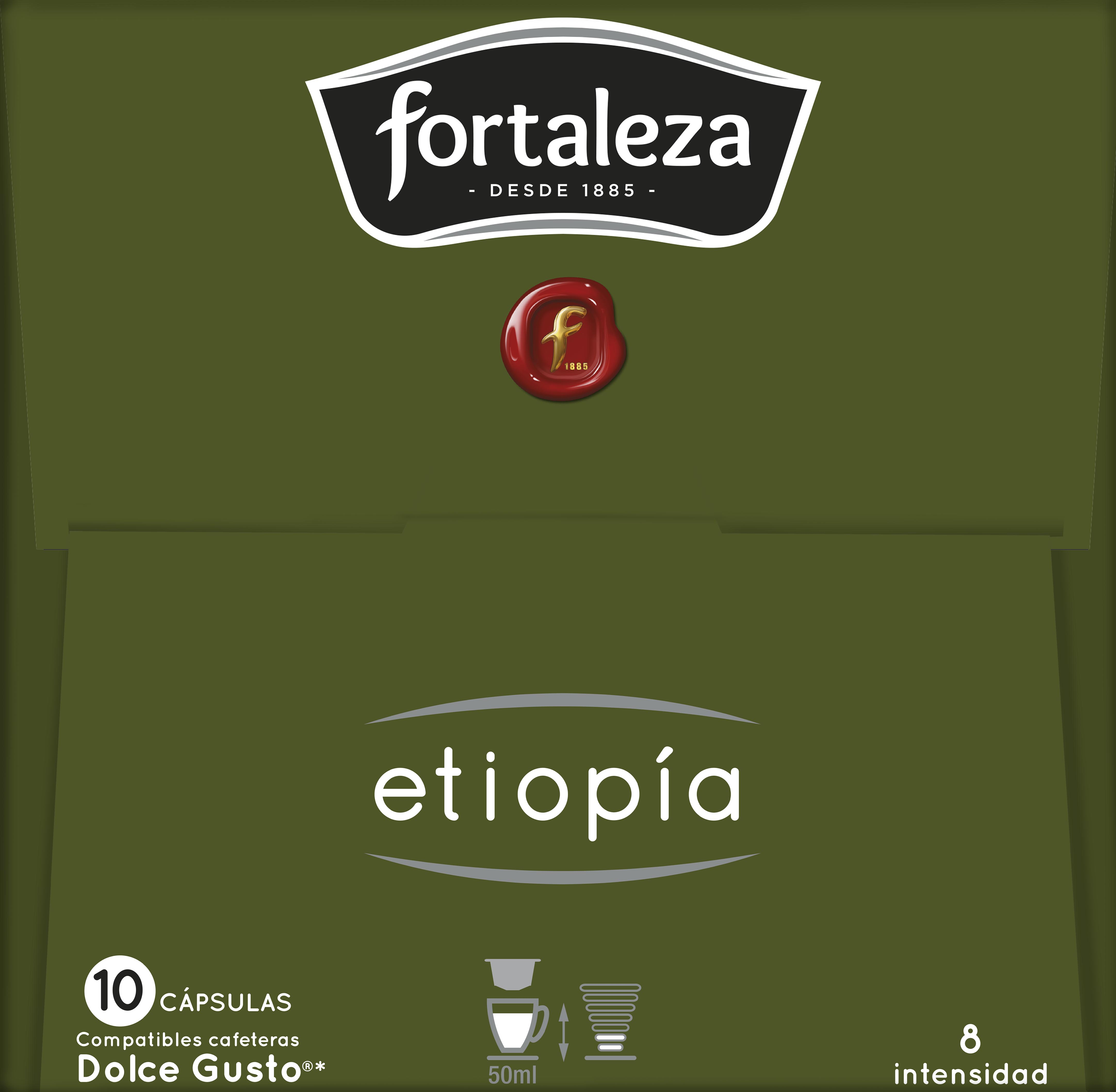 Caja de cápsulas de café con el logo de la marca, texto 'etiopía' y detalles de cápsulas e intensidad.
