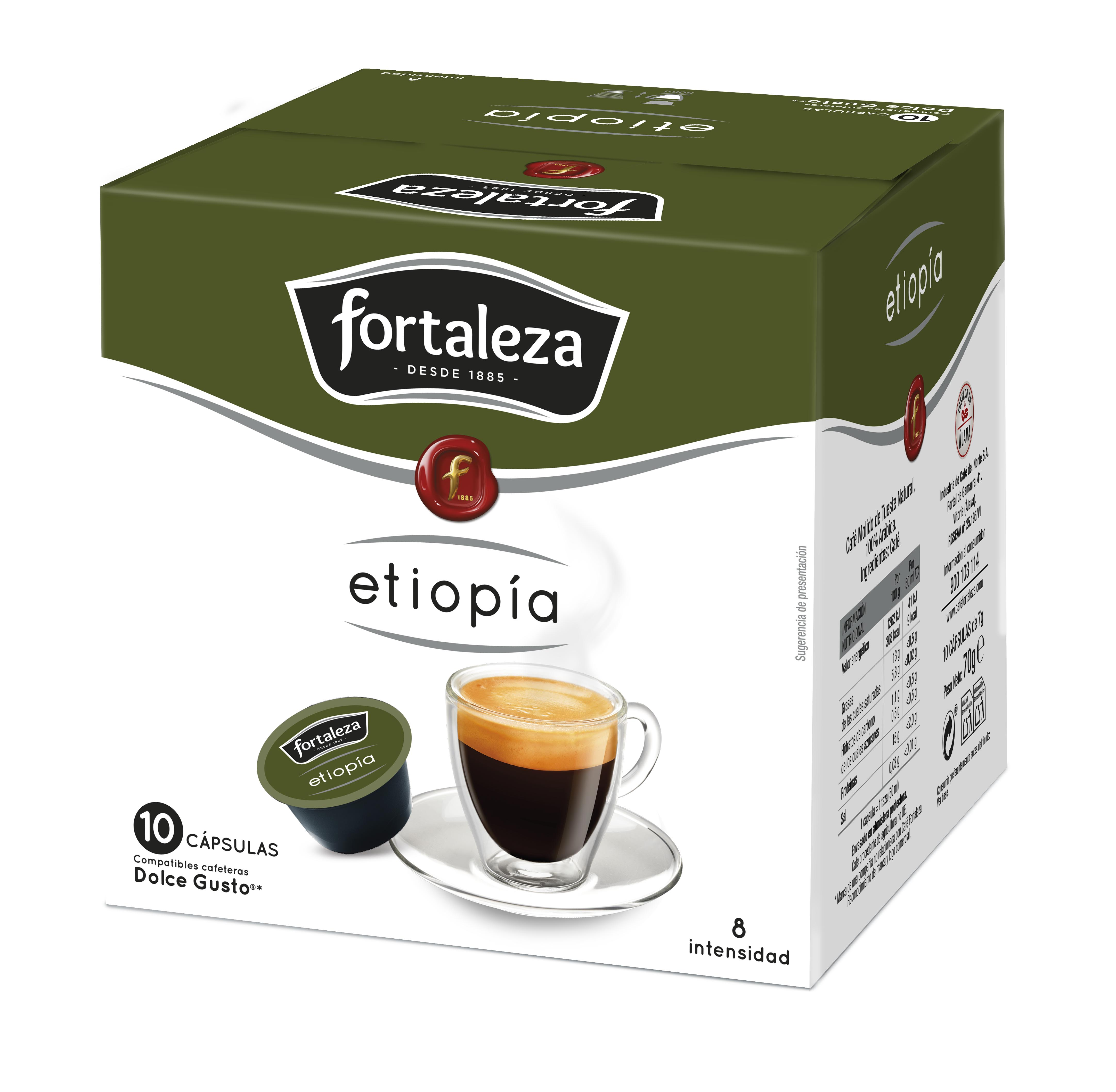 Caja de cápsulas de café con una taza de café y una cápsula al lado. La marca es Fortaleza.