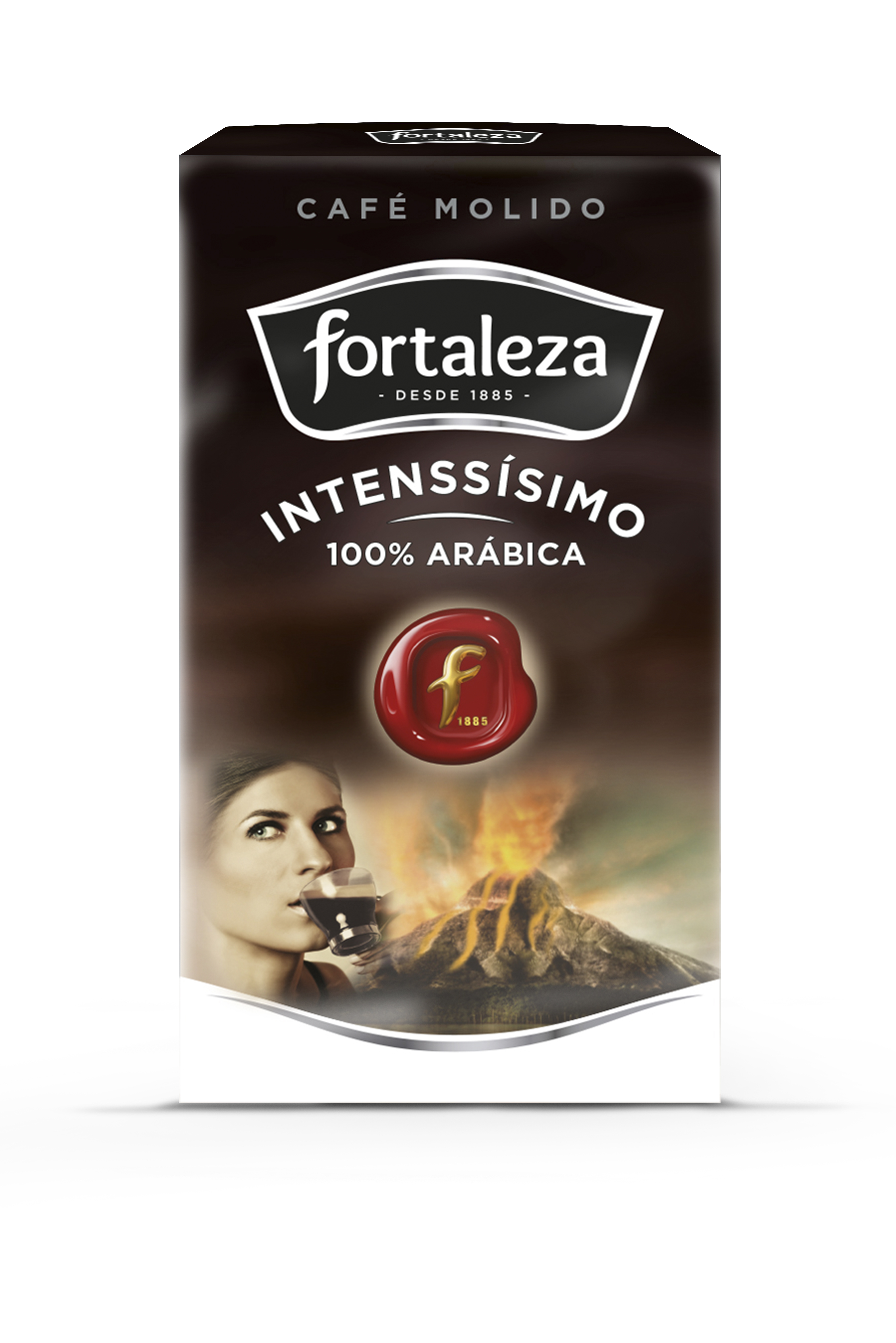 Paquete de café con mujer bebiendo, volcán y sello de café.