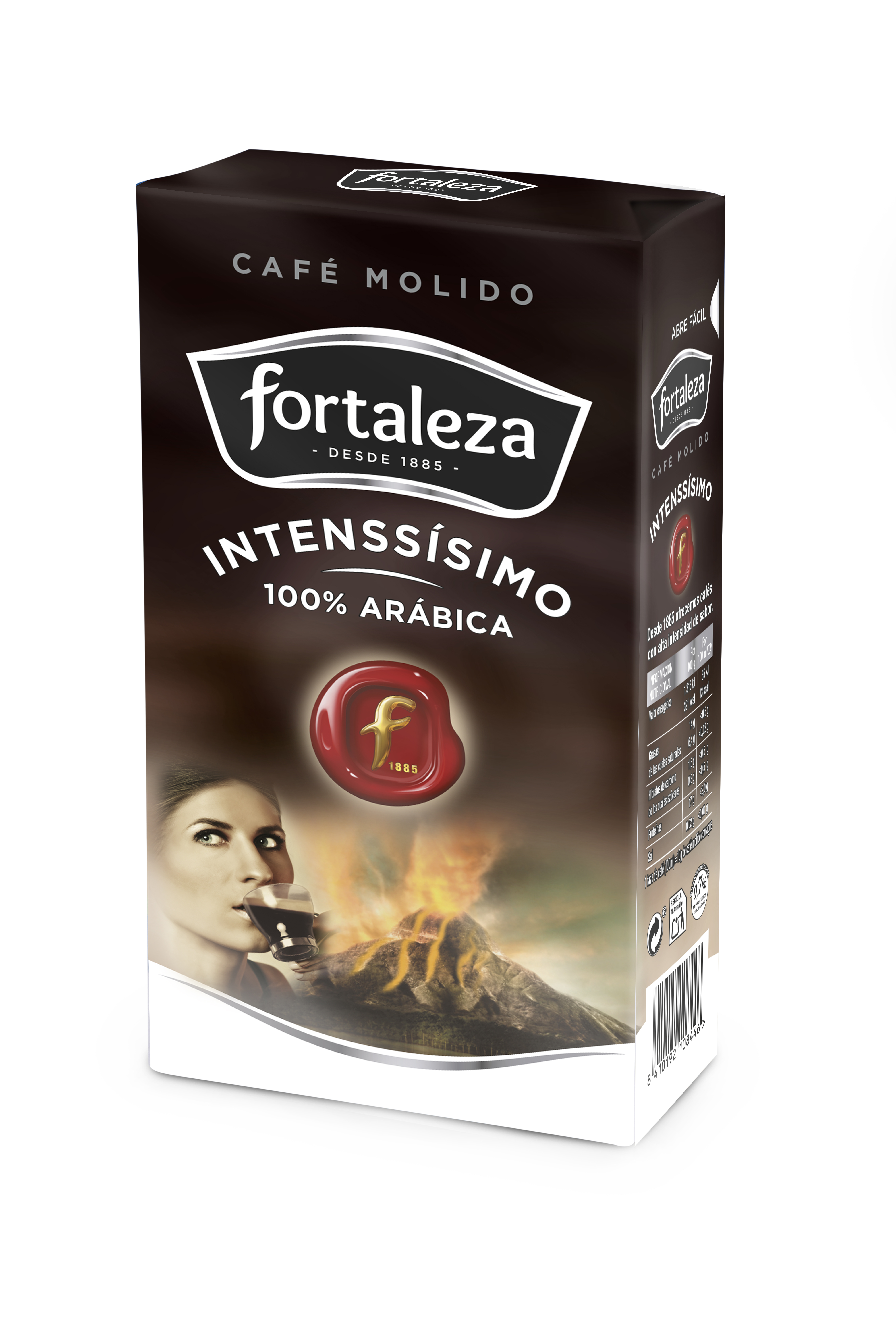 Caja de café con una mujer bebiendo café, un volcán y el logotipo de la marca. El texto en la caja está en español.