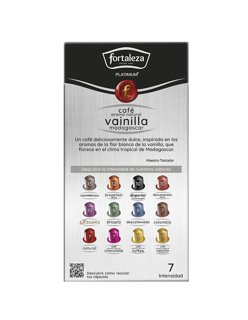 Caja de cápsulas de café con texto: 'Café vainilla madagascar'. Muestra cápsulas de café con niveles de intensidad.