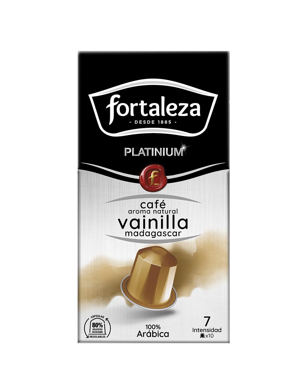 Un paquete de cápsulas de café. Tiene la marca 'fortaleza' arriba, con 'vainilla madagascar' abajo. Hay una cápsula de café.