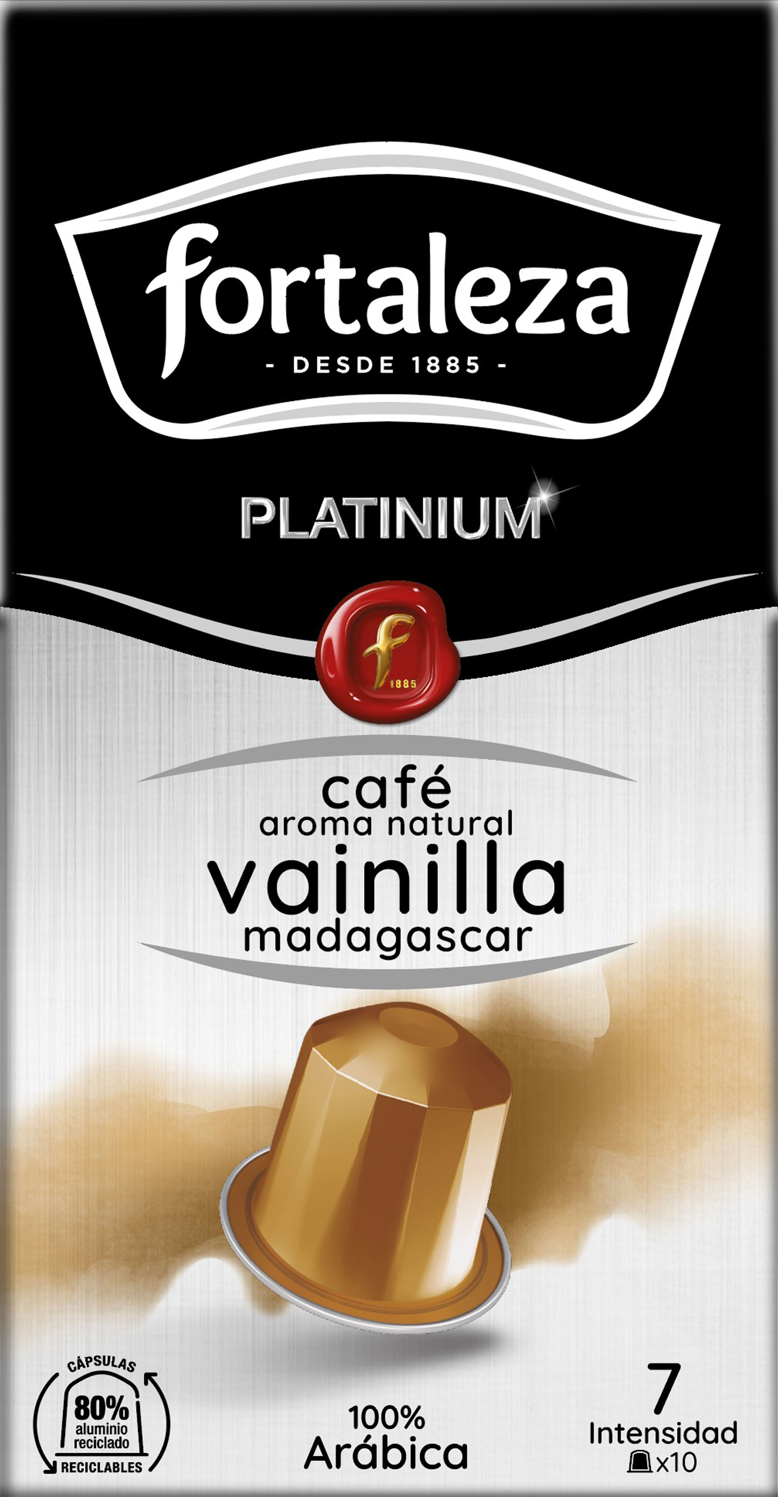 Paquete de cápsulas de café con el logo 'fortaleza' y texto. Dice 'cafe vainilla madagascar'. Muestra una cápsula de café.