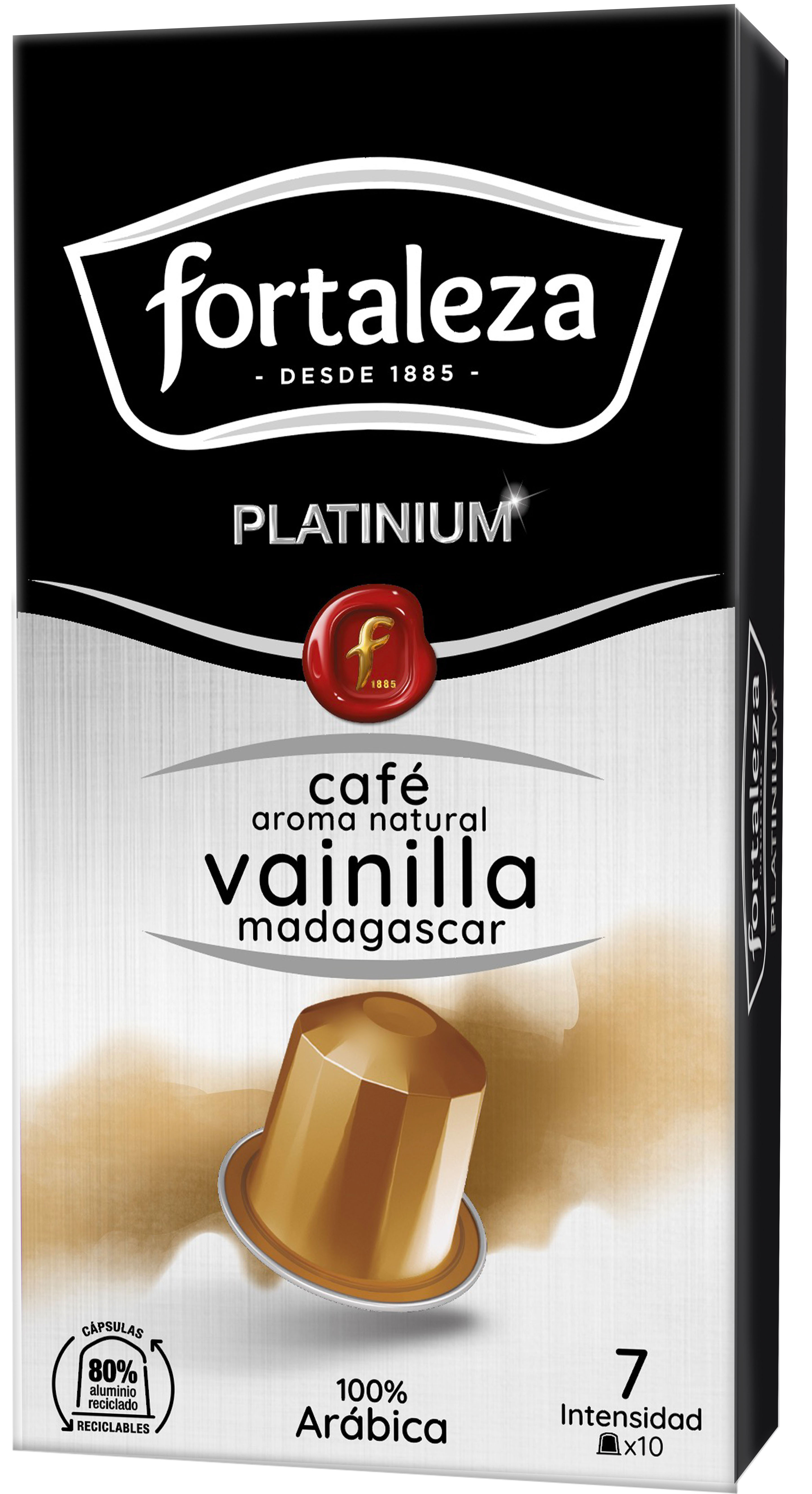 Una caja de café con una cápsula. Tiene la marca 'Fortaleza' y el sabor es vainilla Madagascar. 100% Arábica.