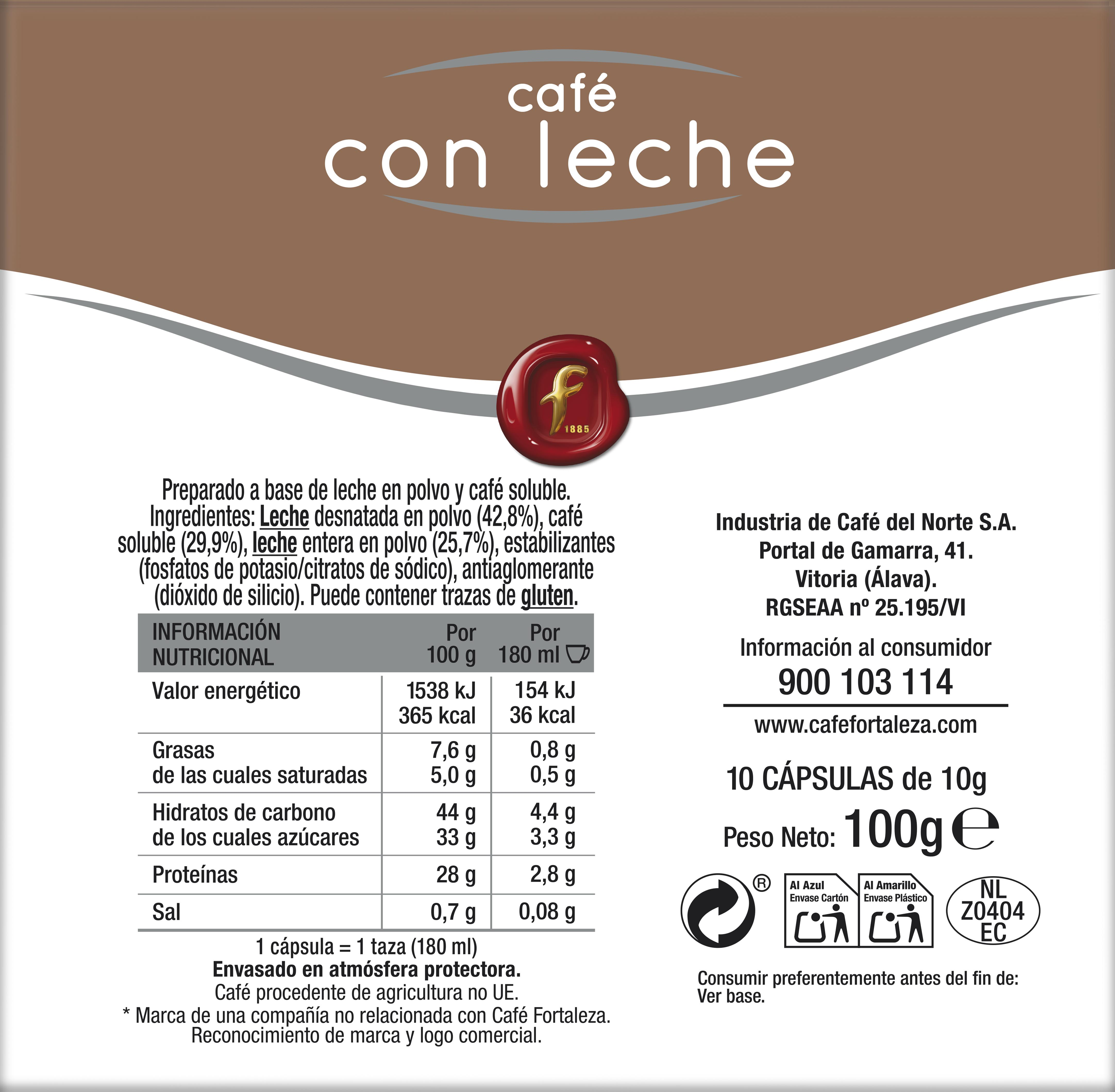 Un paquete de café con leche. Tiene texto e información nutricional, con un sello rojo y una ilustración de taza de café.