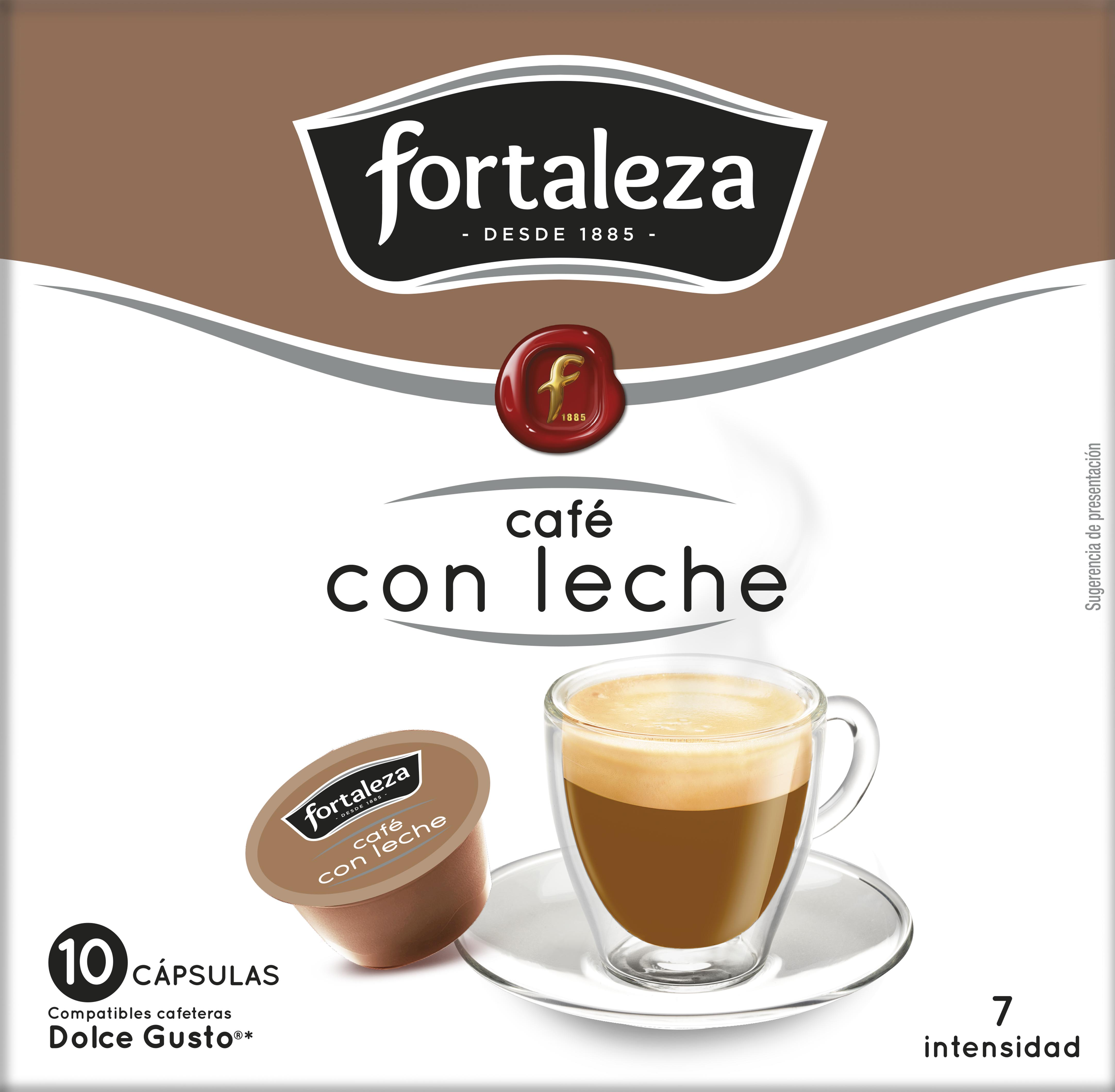 Paquete de cápsulas de café. Taza de café con leche. Logotipo y texto 'cafe con leche', '7 intensidad'.