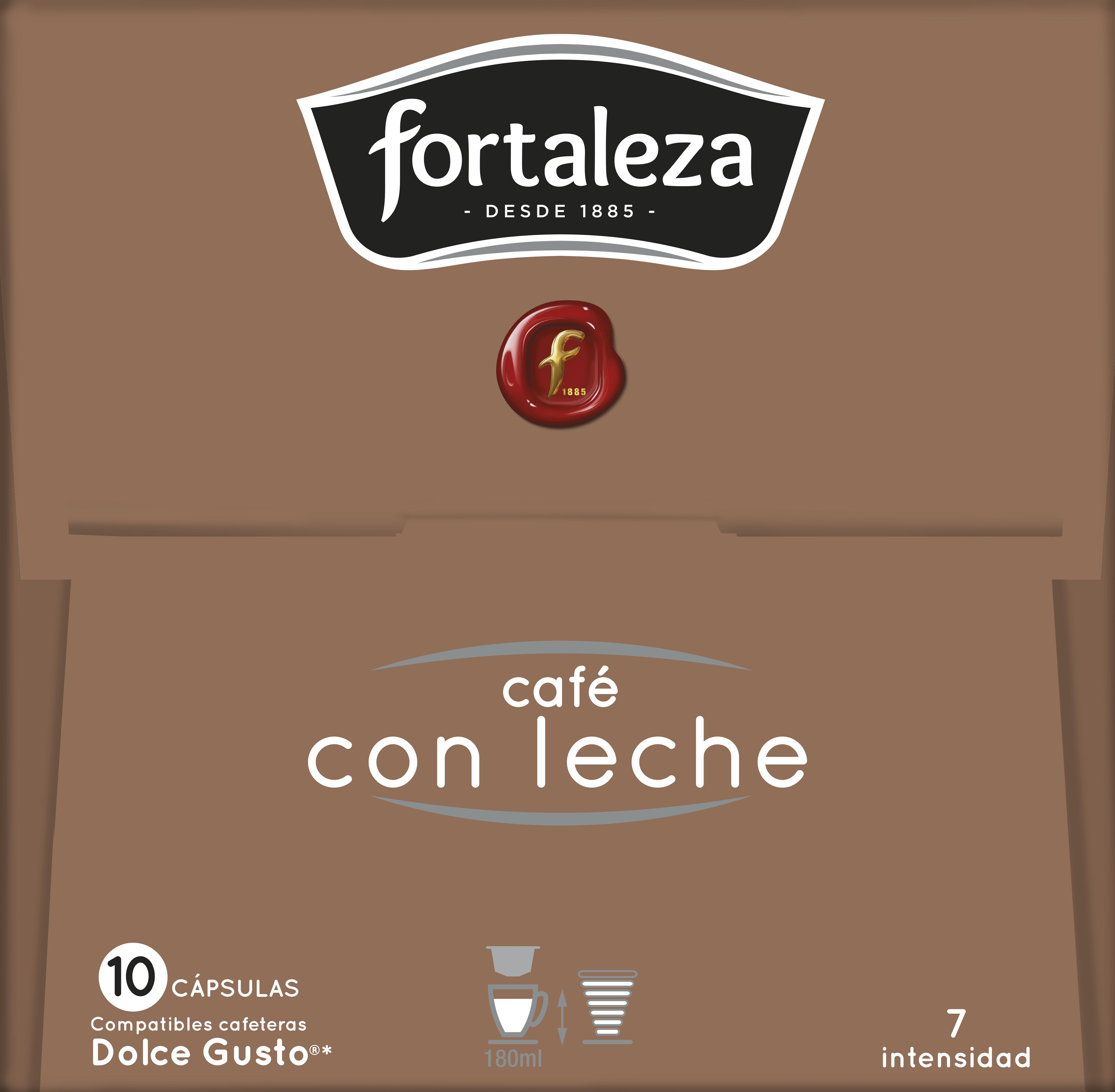 Un paquete de cápsulas de café con el logo 'fortaleza', el texto 'cafe con leche' y la etiqueta '10 capsulas'.