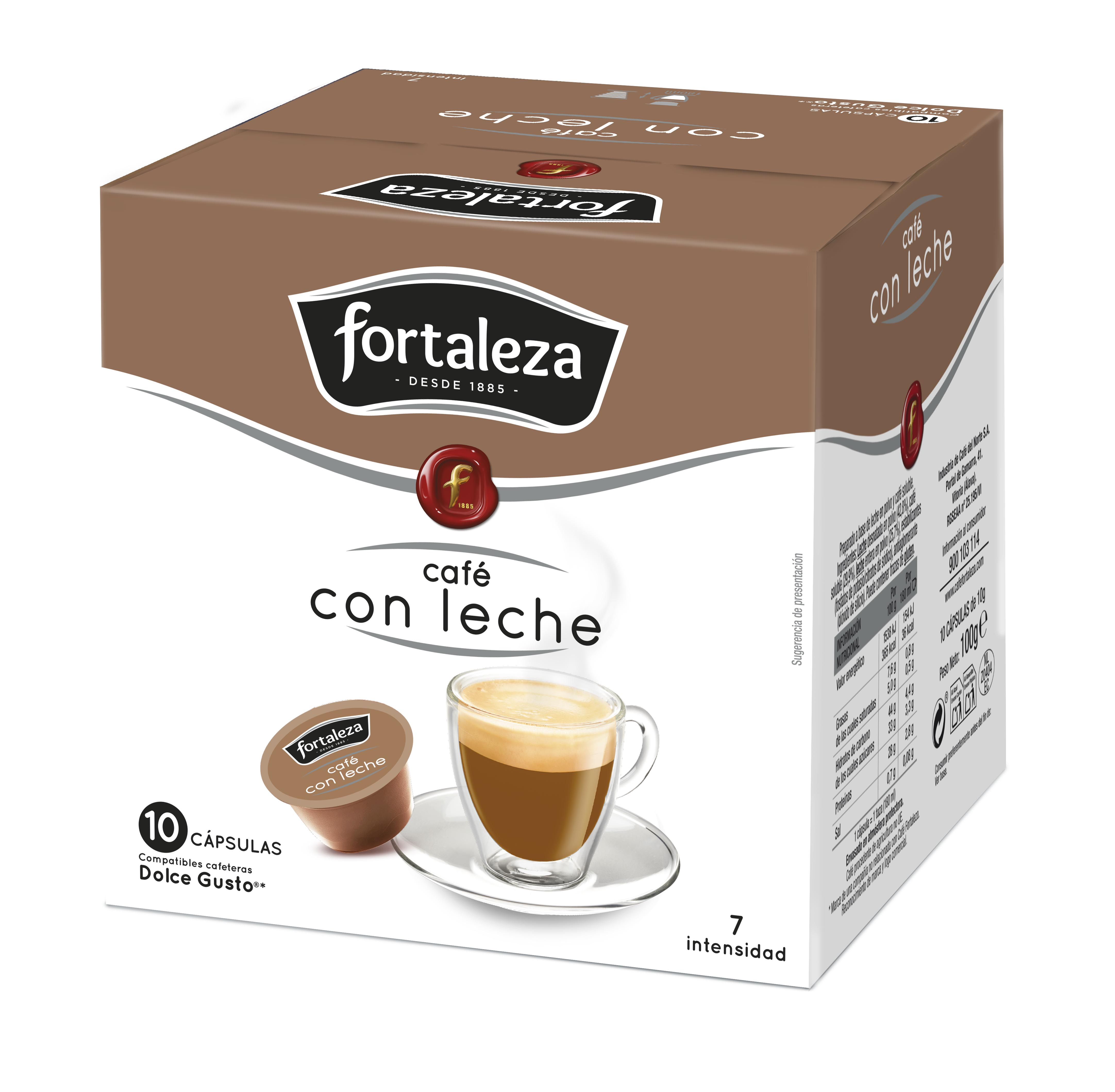 Una caja de café con una taza de café y cápsulas. La caja dice 'cafe con leche' y 'fortaleza'.