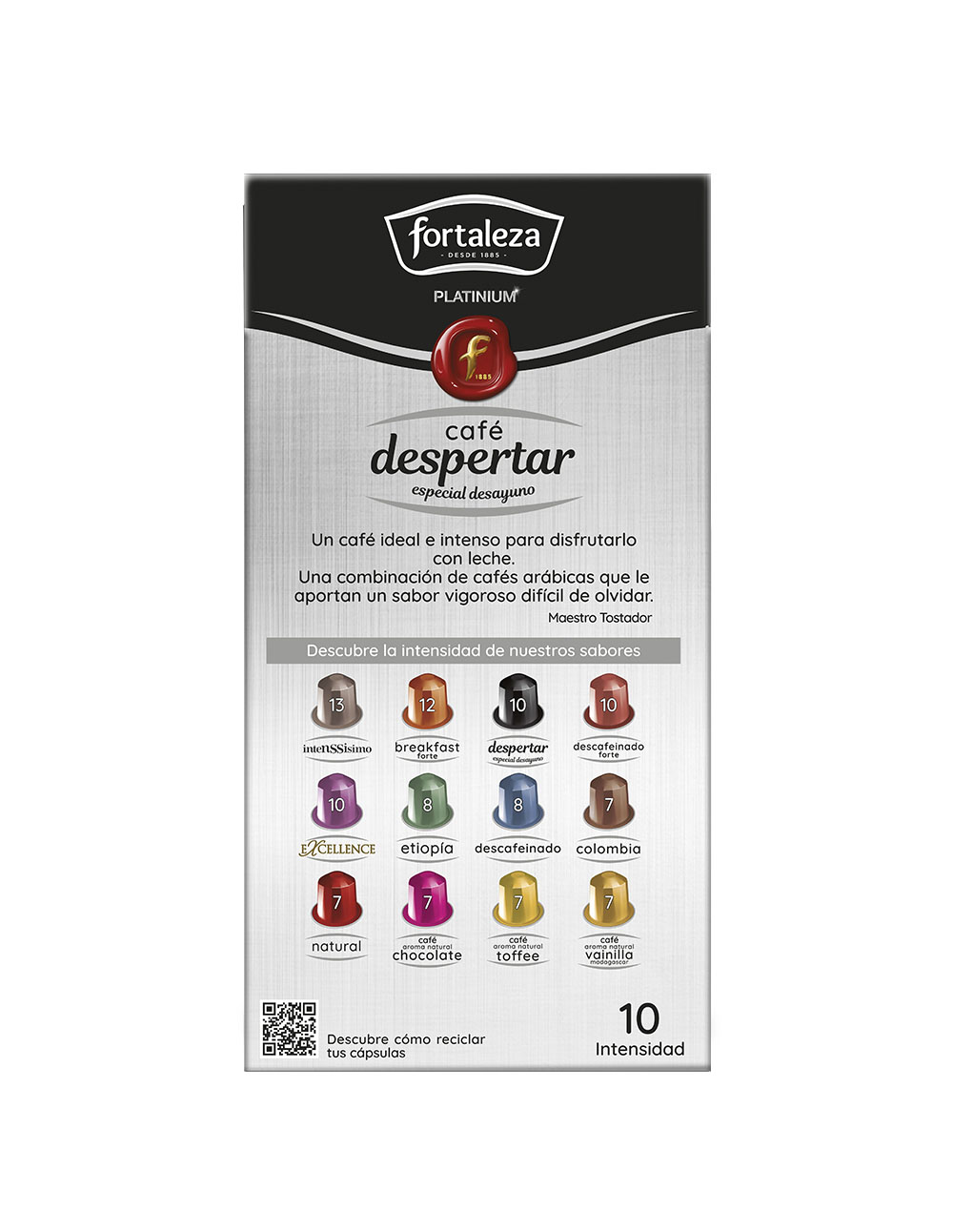 Paquete de cápsulas de café. El texto dice 'cafe despertar'. Incluye diferentes sabores de café. El paquete es plateado y blanco.