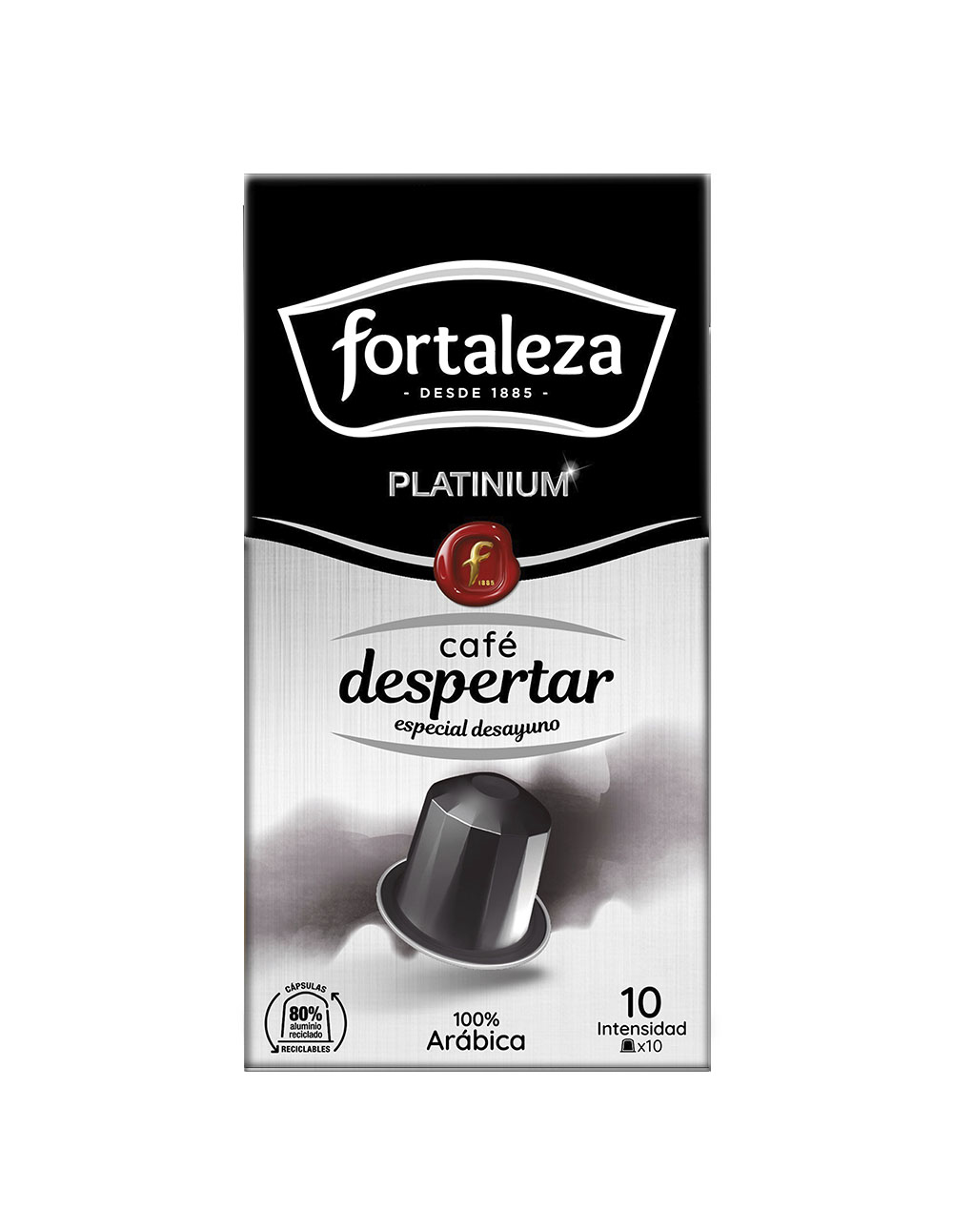 Caja de cápsulas de café con el logo 'fortaleza'. Dice 'cafe despertar'. Presenta una cápsula de café y '100% Arábica', '10 Intensidad'.
