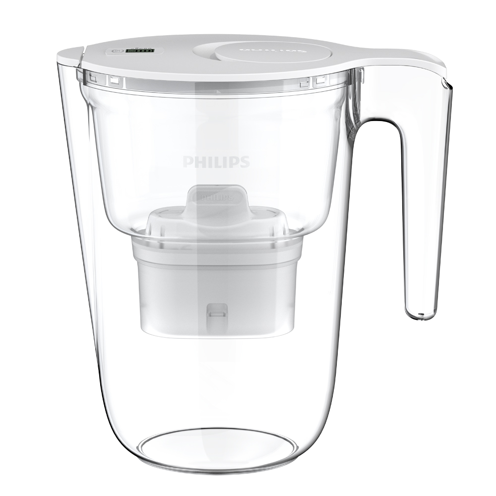 Beyaz bir Philips su filtresi sürahisi. Şeffaf bir gövdeye, beyaz bir kapağa, bir tutamağa ve içinde bir filtreye sahip. Logo görünür.