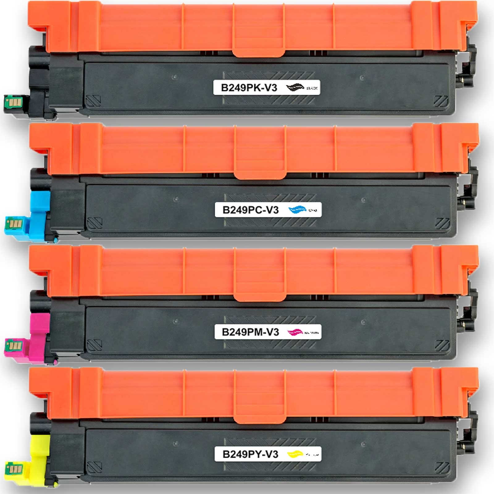 Vier Druckerpatronen sind gestapelt. Jede hat eine orangefarbene Oberseite, eine schwarze Basis und einen farbigen Anschluss. Etiketten identifizieren jede.