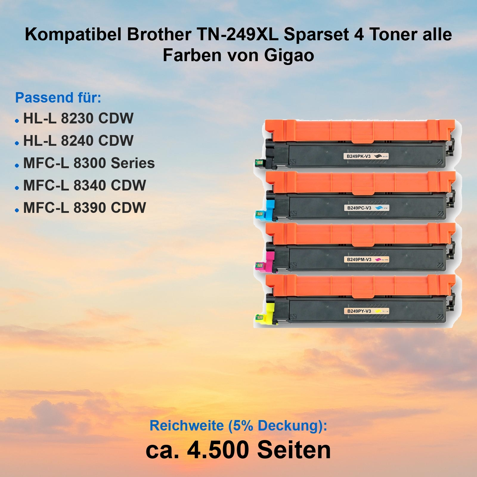 Das Bild zeigt Brother TN-249XL Tonerkartuschen in Schwarz und Orange. Listet kompatible Drucker und geschätzte Seitenzahl.
