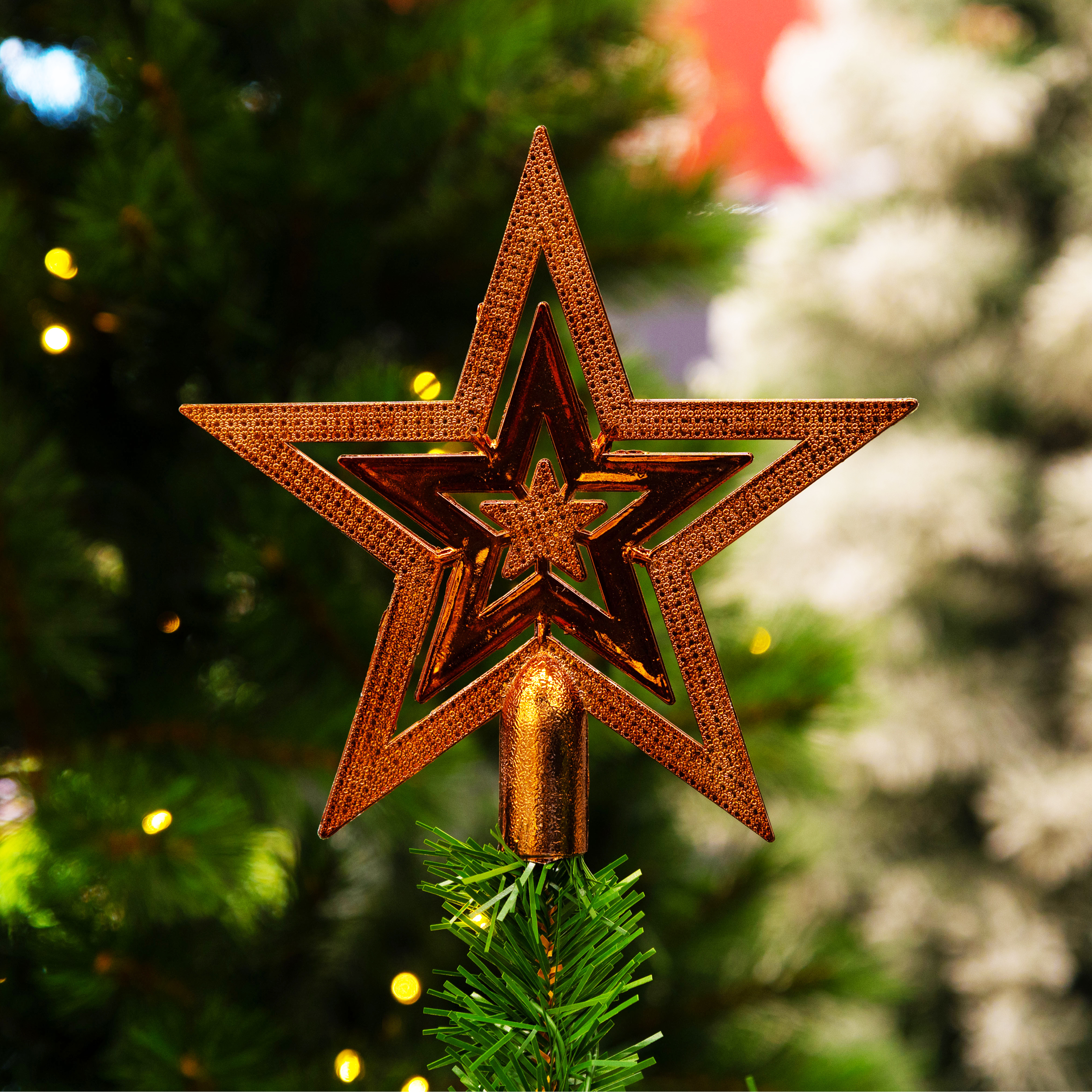 Une étoile de bronze pour le sommet du sapin. Elle est au sommet d'un sapin de Noël vert. Un arbre blanc est en arrière-plan.