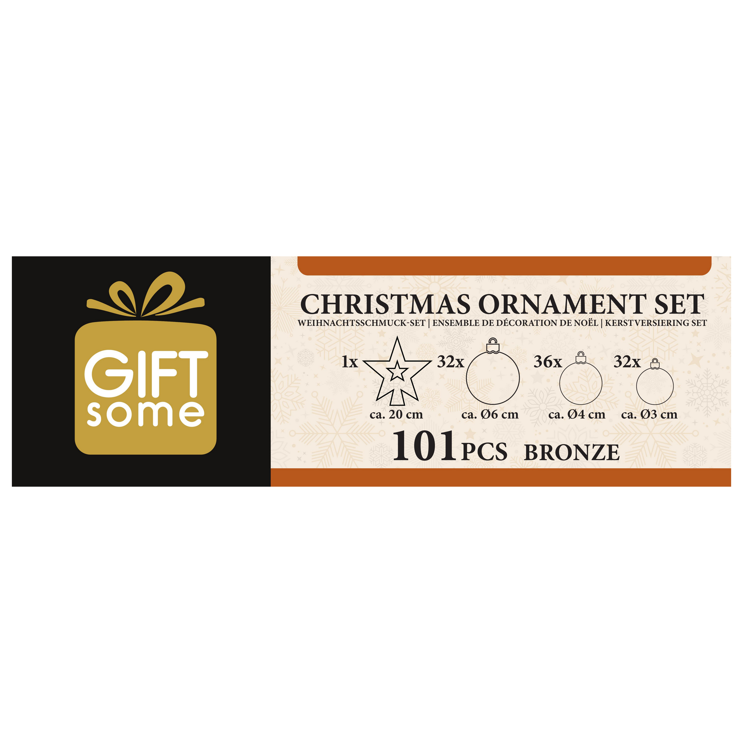 L'image est un ensemble d'ornements de Noël. Elle contient du texte et des graphiques avec des ornements. La palette de couleurs comprend l'or et le bronze.