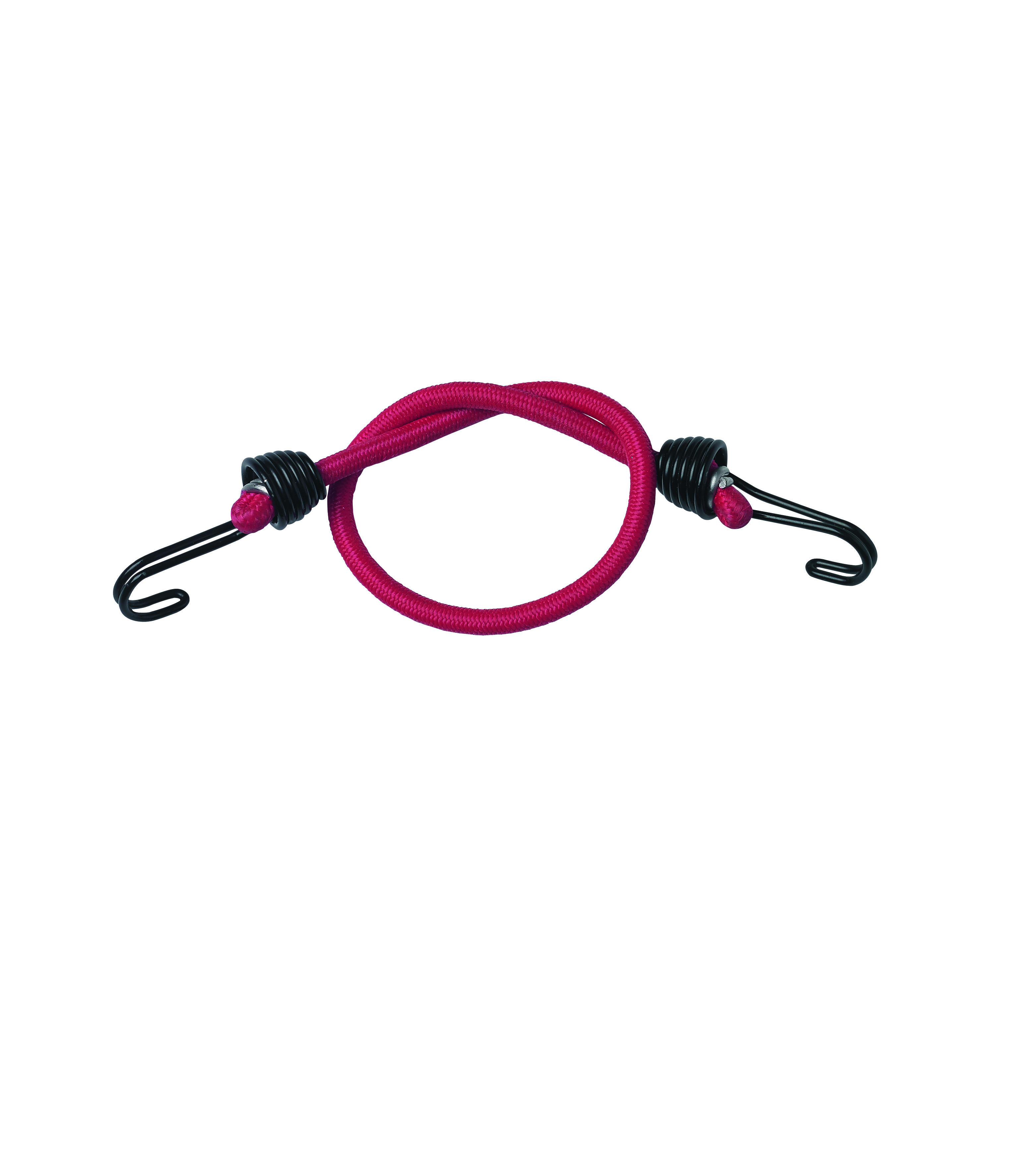Un cavo elastico rosso con ganci neri e un'estremità in plastica nera. Sfondo bianco.
