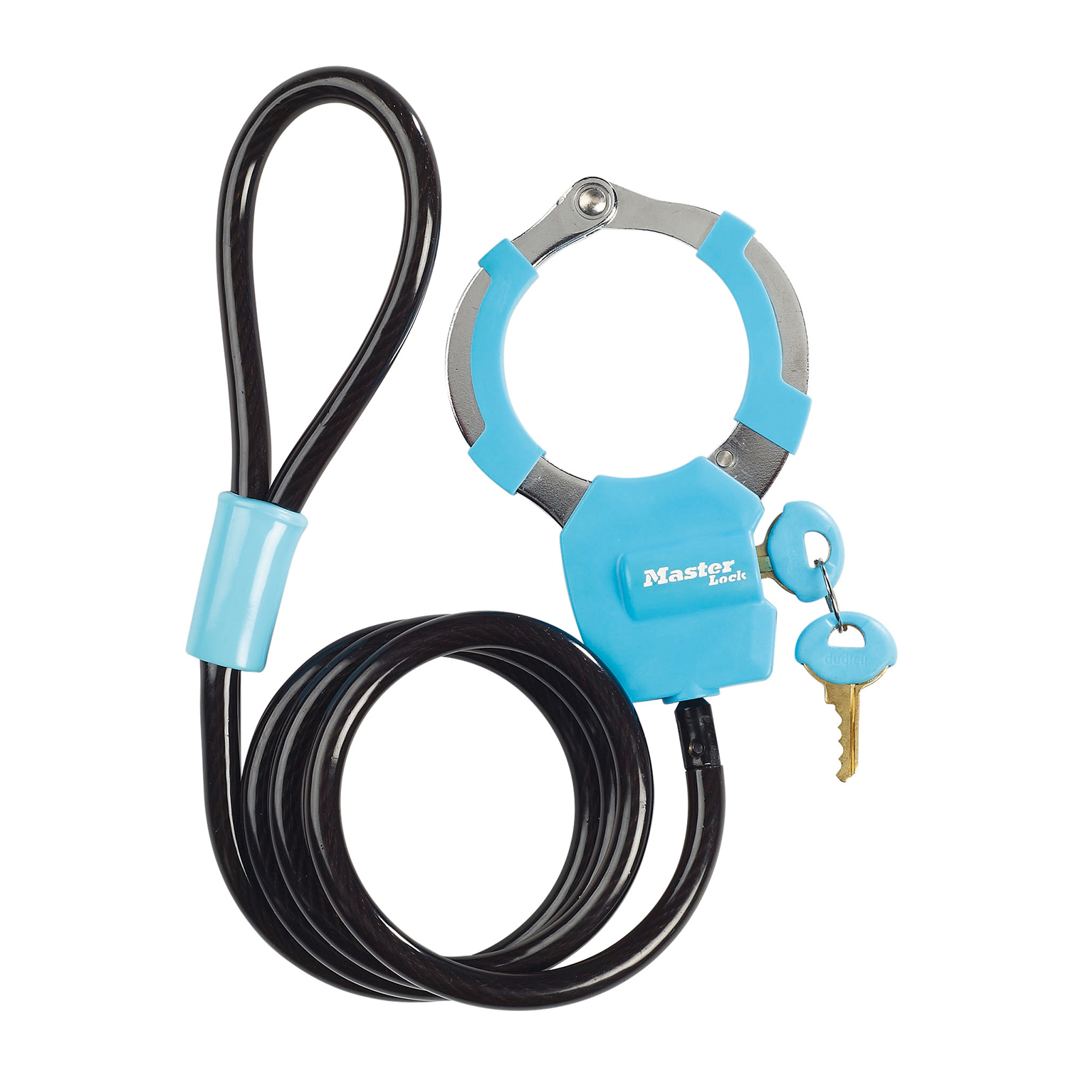 Un lucchetto per bici con cavo nero, serratura blu e due chiavi su sfondo bianco. Il lucchetto riporta la scritta Master Lock.