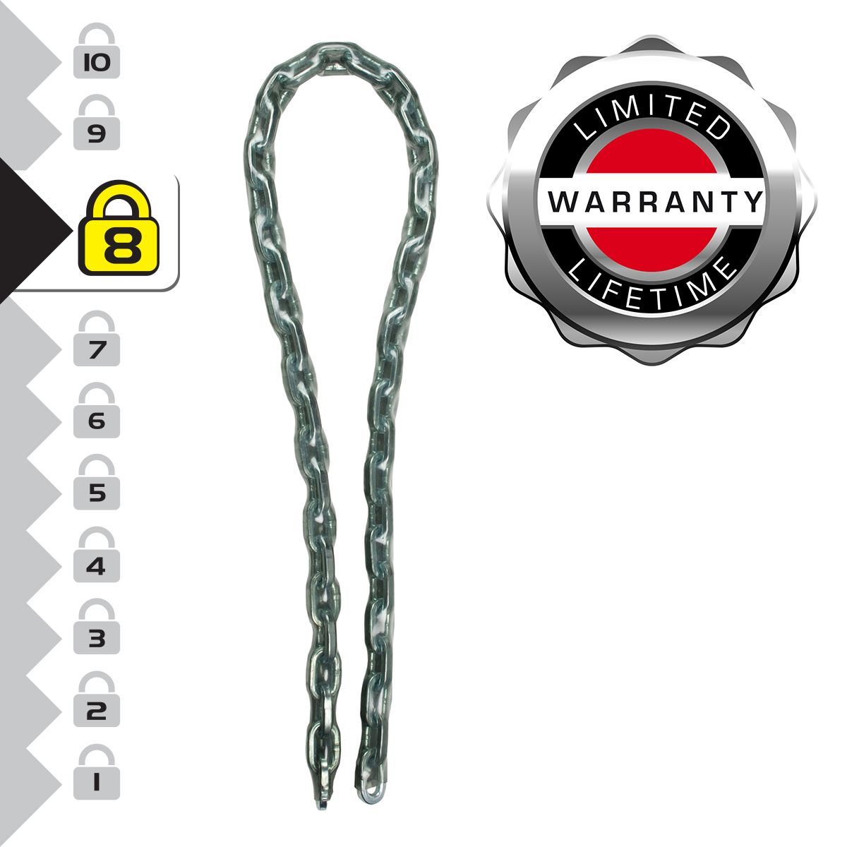 Una catena di metallo è appesa verticalmente. Un badge di garanzia è a destra. Numeri e lucchetti a sinistra.